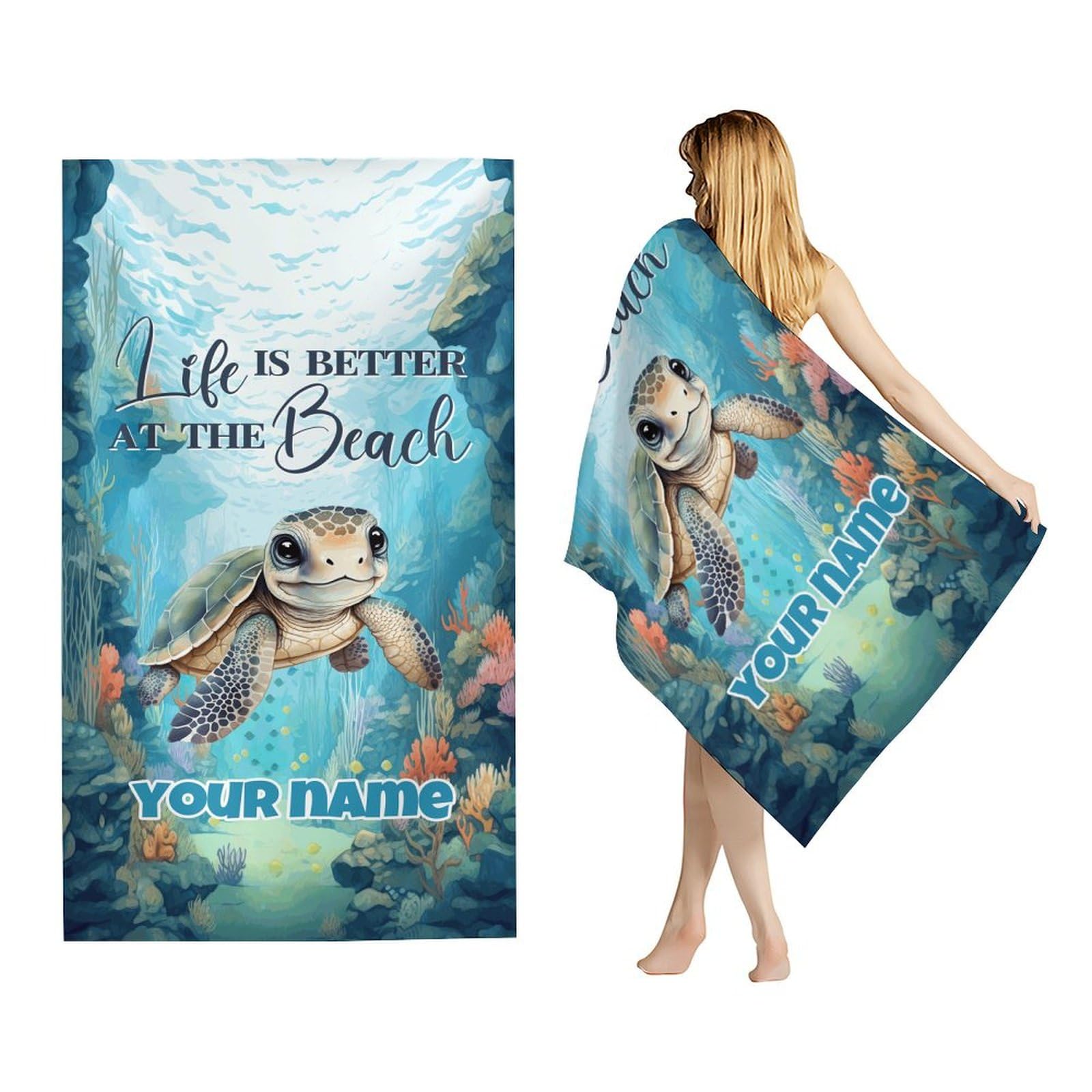 AIOMXZZ Personalized Beach Towels for Kids - 30”x60”Big Turtle Microfiber Towel - Lightweight Sand Free Towel for Girls & Boys - Quick Dry Towels for