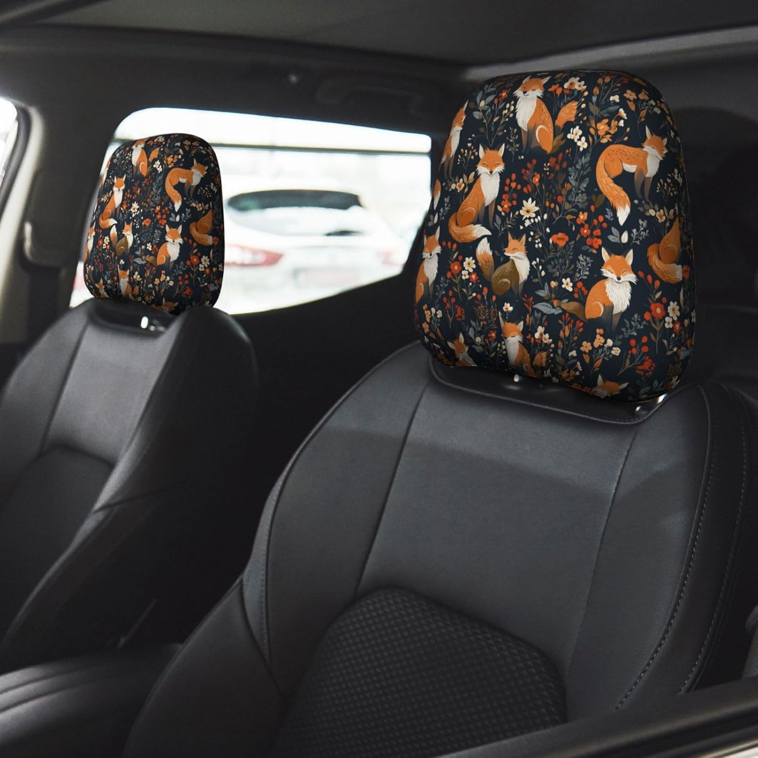 2 Pack Headrest Covers Elegant Pattern Featuring Foxes Seat Cover Accessories Car Headrest Protector Universal Fit to All Car/Truck Models image 2
