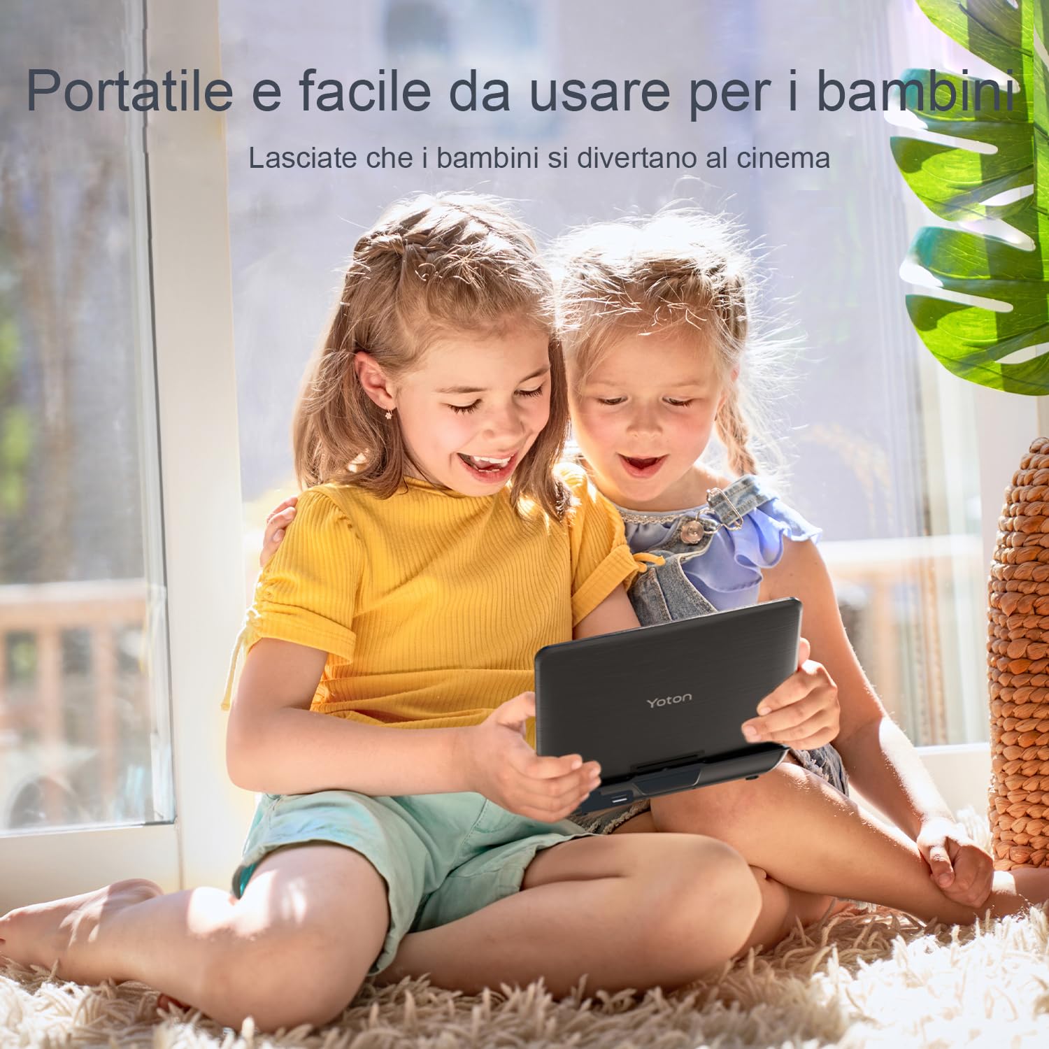 Yoton Lettore DVD Portatile 9,5" HD Schermo Girevole 7,5" Batteria 6 Ore Senza Regione Altoparlanti Potenziati Multiformato Dischi SD USB Sync TV Proiettore