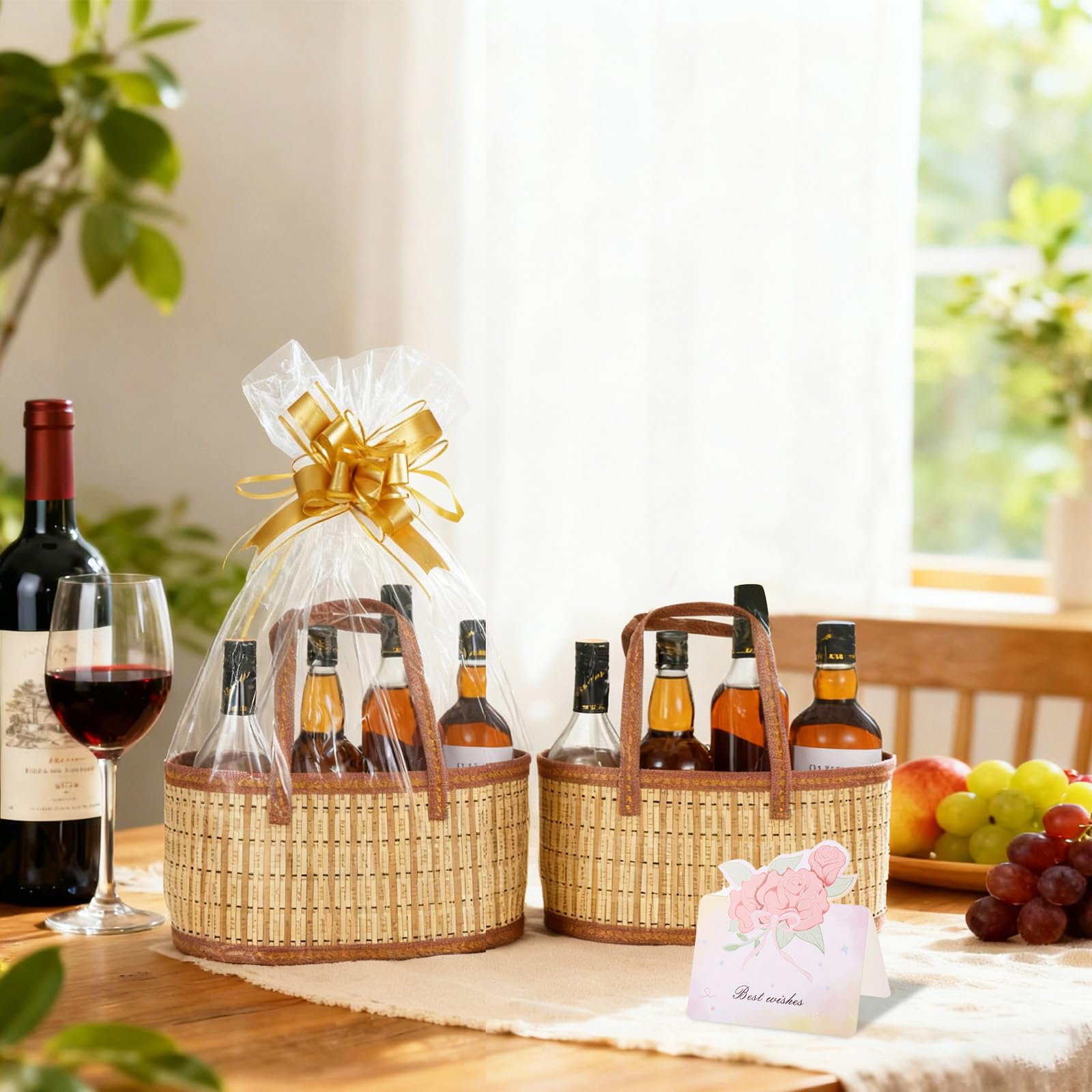 Juego de 4 cestas vacías para regalos, cesta grande de bambú vacía con asas, cesta de regalo tejida plegable con bolsa envolvente/tarjeta/lazo, cestas de regalo resistentes para bautizos de bebé