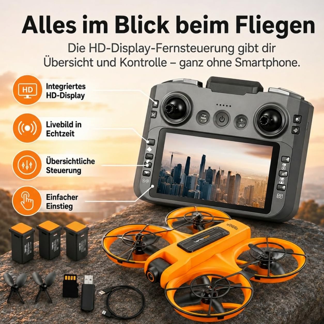 Drohne mit Kamera & Display Fernbedienung, Brushless Motor, Dual Kamera 90° verstellbar, FPV Live-Übertragung, Optical Flow, 360° Flip, LED, Anfänger & Kinder geeignet (Orange, Akkus: 3 St.)
