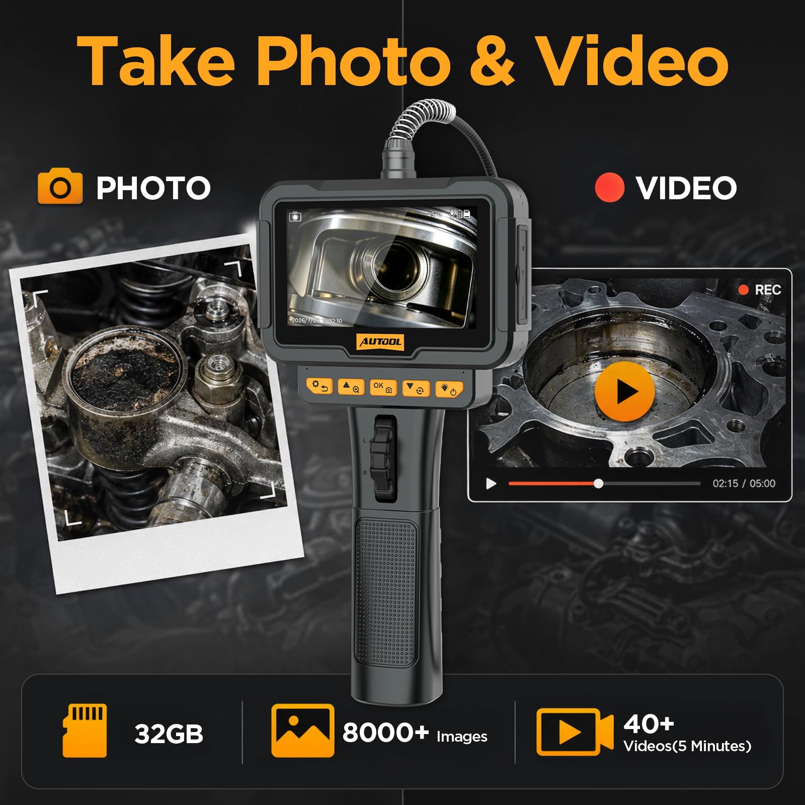 AUTOOL SVB208 Articulating Borescope, 2-Way 210° 0.24in Ultra-Slim Endoscope with Light, 4.3" IPS HD Screen 8X Zoom, IP67 3.3FT Flexible Video Scope Camera for Automotive Engine Inspection — Amazon image 8