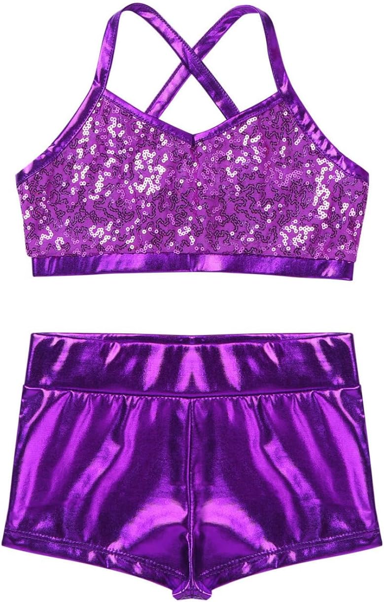 Kids Girls 2Pcs Dance Tracksuit Shiny Crop Top with Sports Shorts Outfits Workout Ballet Jazz Gymnastics Active