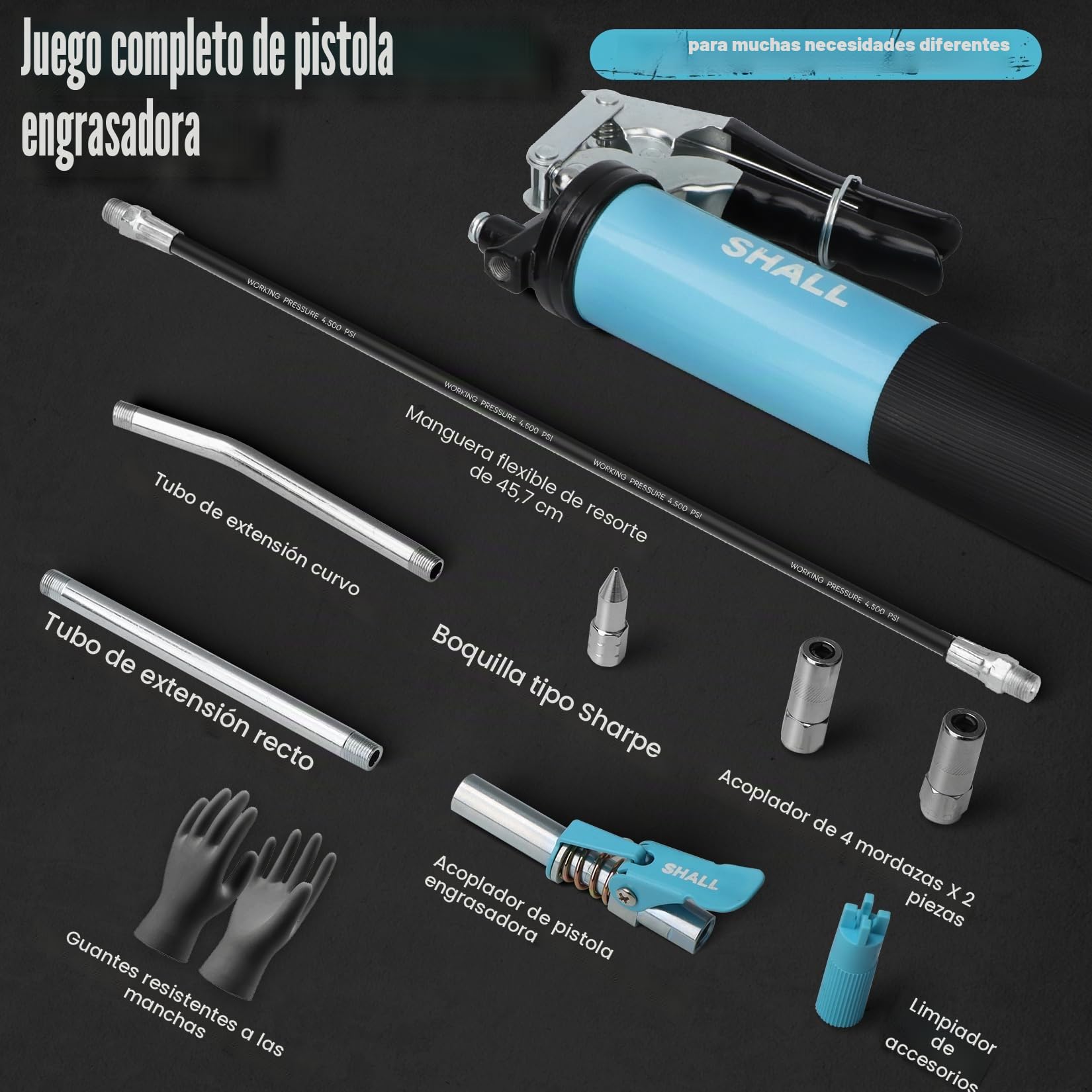 SHALL Pistola engrasadora, kit de pistola engrasadora con empuñadura de pistola de servicio pesado de 7000 PSI, manguera flexible con resorte de 18", 2 tubos rígidos de extensión, boquilla afilada