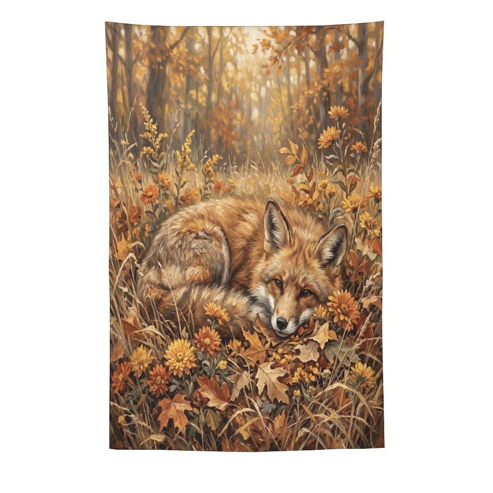 W7C8U2X3 Autumn Fox Forest Wall Tapestry, Realistic Illustration Style