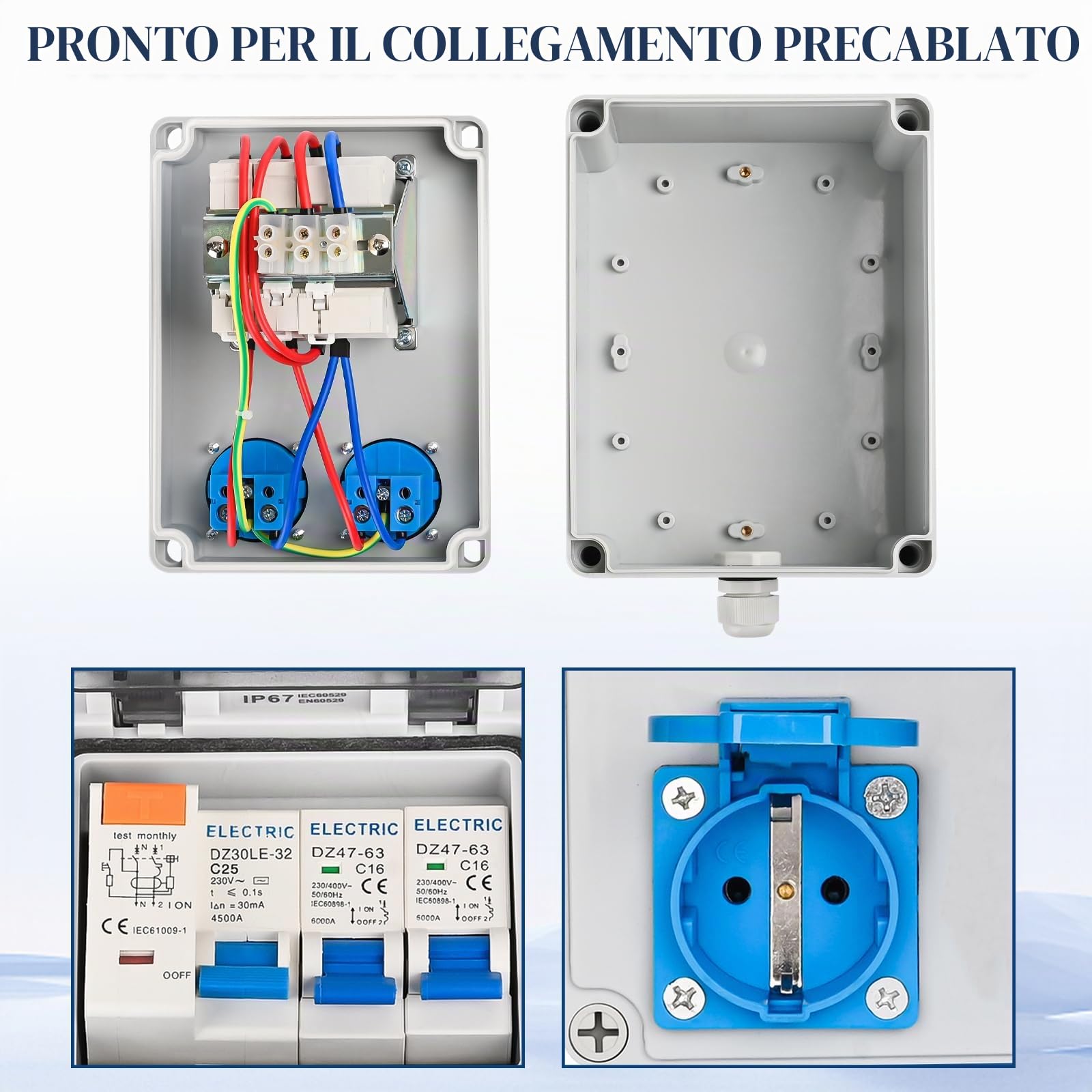 Warmfay Quadro di distribuzione per cantieri Precablato, distributore di corrente, 2x 230V prese Schuko, quadro elettrico a parete con 1x interruttore FI 25A + 2x interruttori LS 16A 1P, IP67