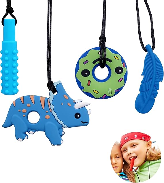 EXGOX Sensory Chew Necklaces for Kids Toddlers,4 Pack Silicone Chewy