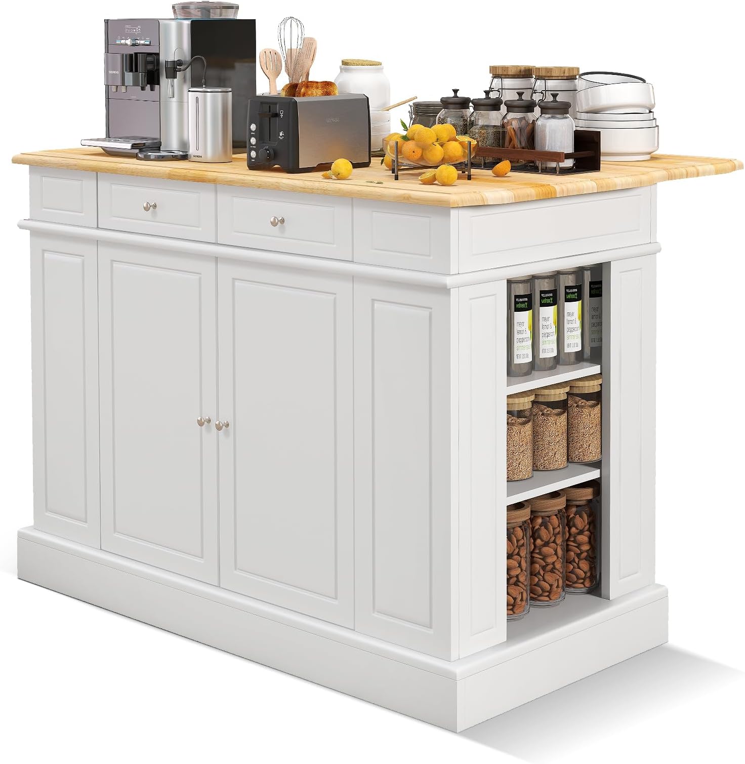 SILKYDRY Kitchen Island with Drop Leaf, Rubber Wood Top Breakfast Bar, Storage Cabinet with 2 Drawers, Adjustable Shelves, Spice Racks, Stationary Island Table for Dining Room, White