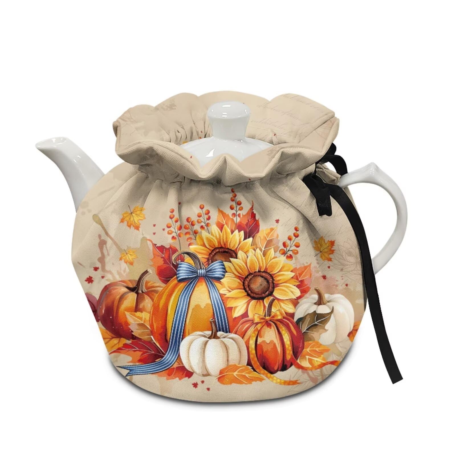 Retro Fall Tea Cozy for Teapot Pumpkin Bow Tea Cosy with Insulated Pad Heat Resistance Kettle Covers Coffee Pot Dust Covers for Party Thanksgiving Home Decor