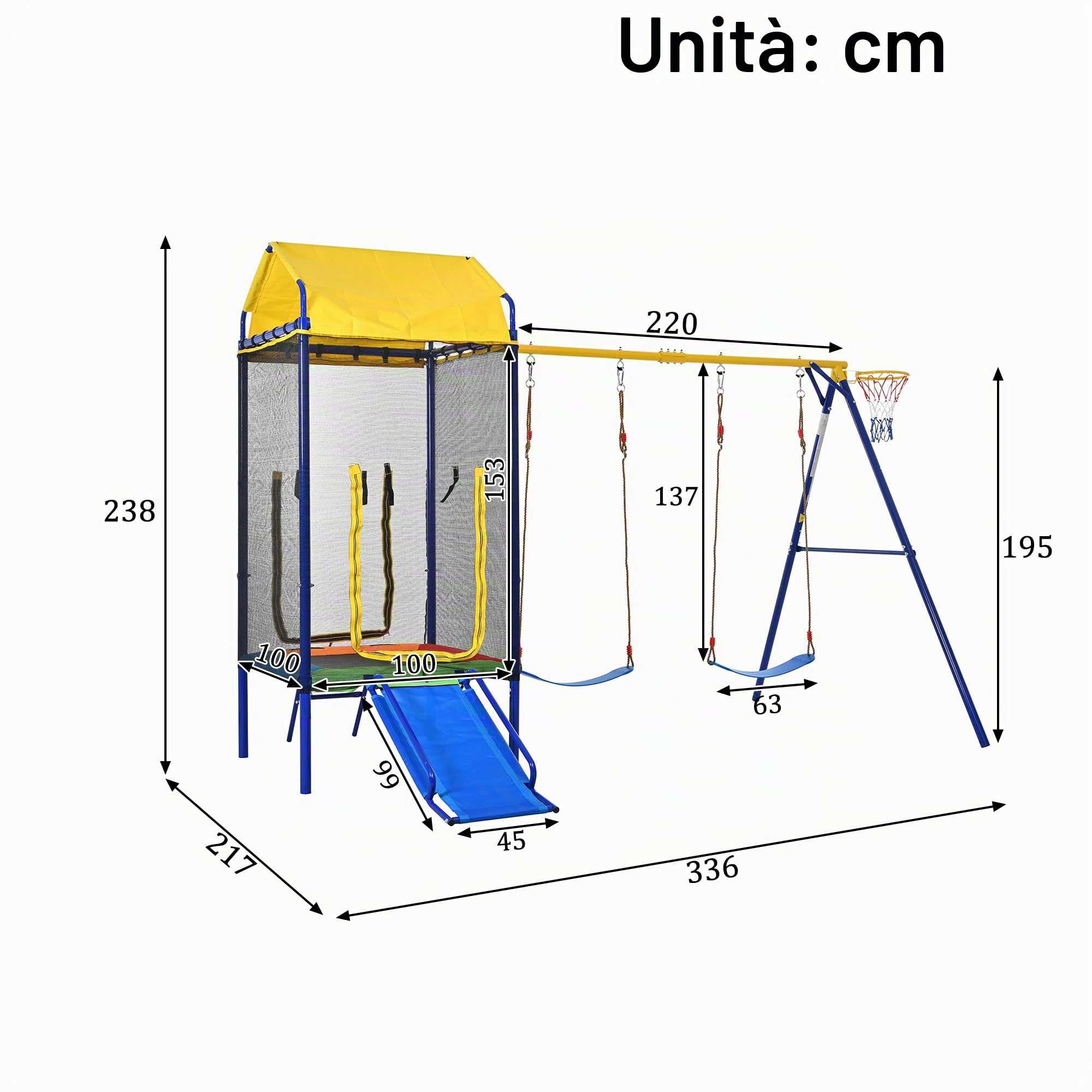 SACOOL Torre da gioco multifunzionale per bambini outdoor con trampolino, altalena, scivolo, canestro da basket, rete di sicurezza e robusto telaio in ferro per giardino, colorato