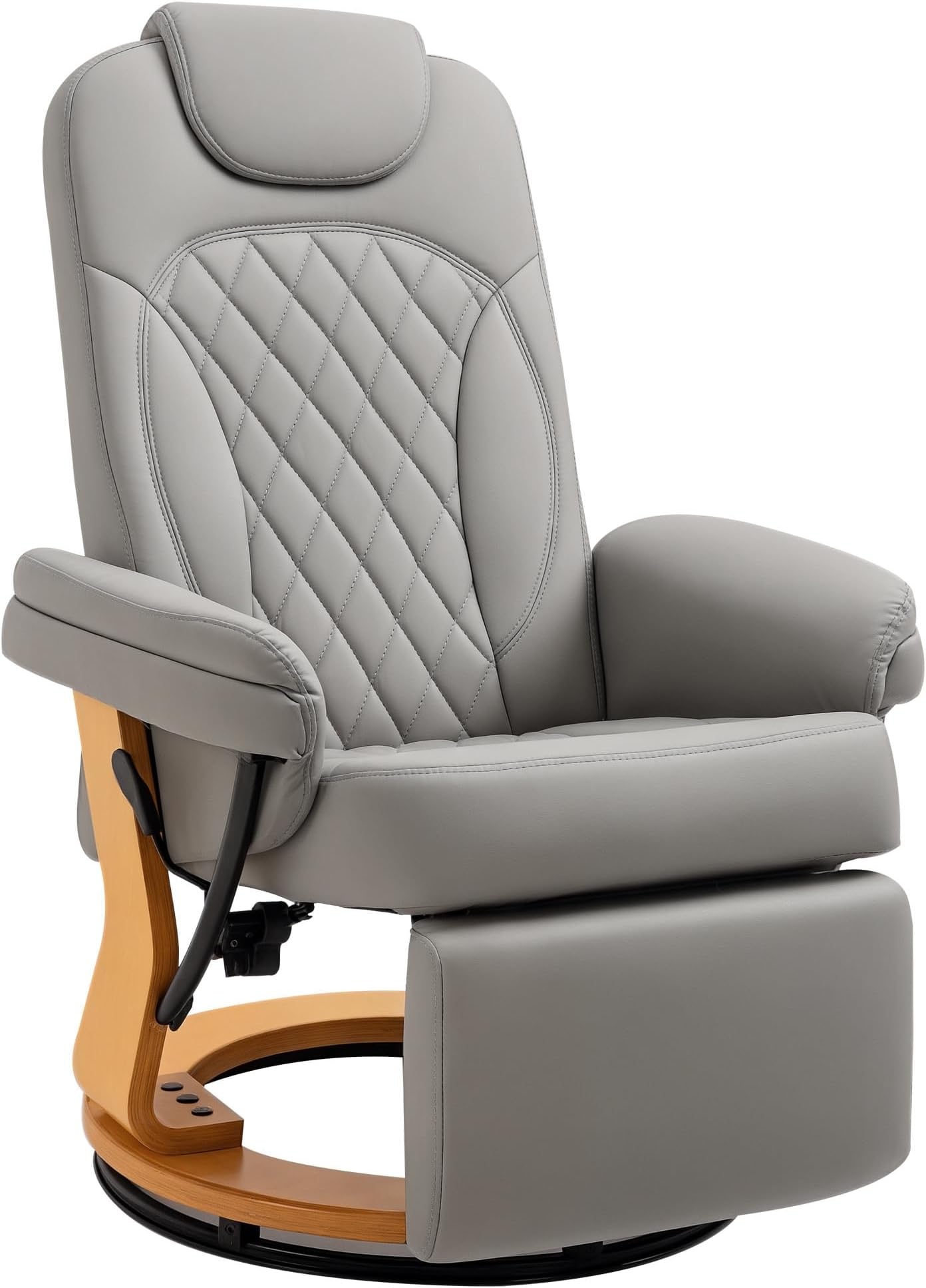 HOMCOM PU Recliner Chair with Footrest, Headrest, Round Wooden Base, Lounge Reading Armchair for Living Room, Bedroom and Office, Grey