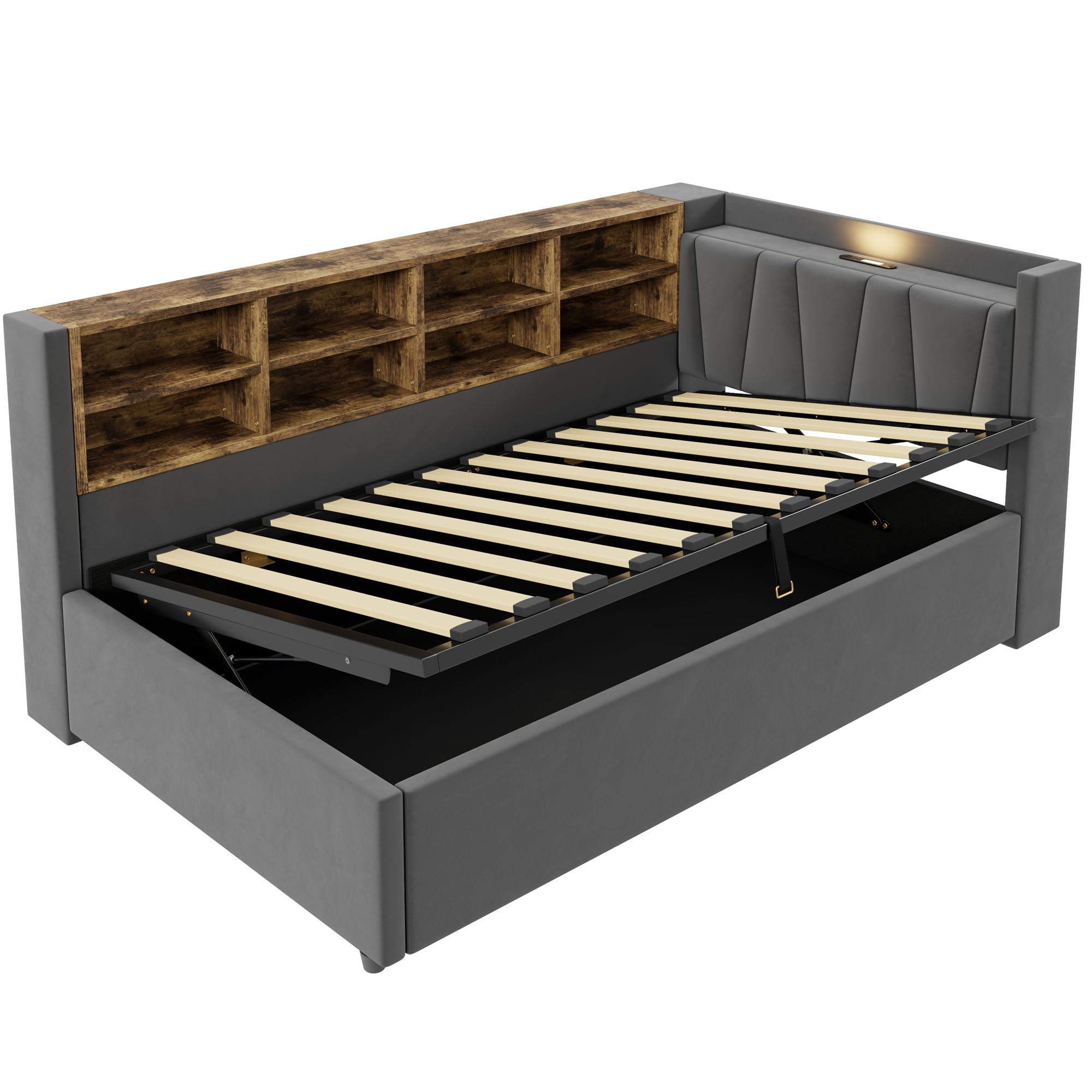 Divano letto 90 x 200 cm, letto imbottito con vano portaoggetti idraulico, con luce notturna, porta di ricarica USB e tipo C, con ripiani e scomparti, testiera imbottita, tessuto in velluto (grigio