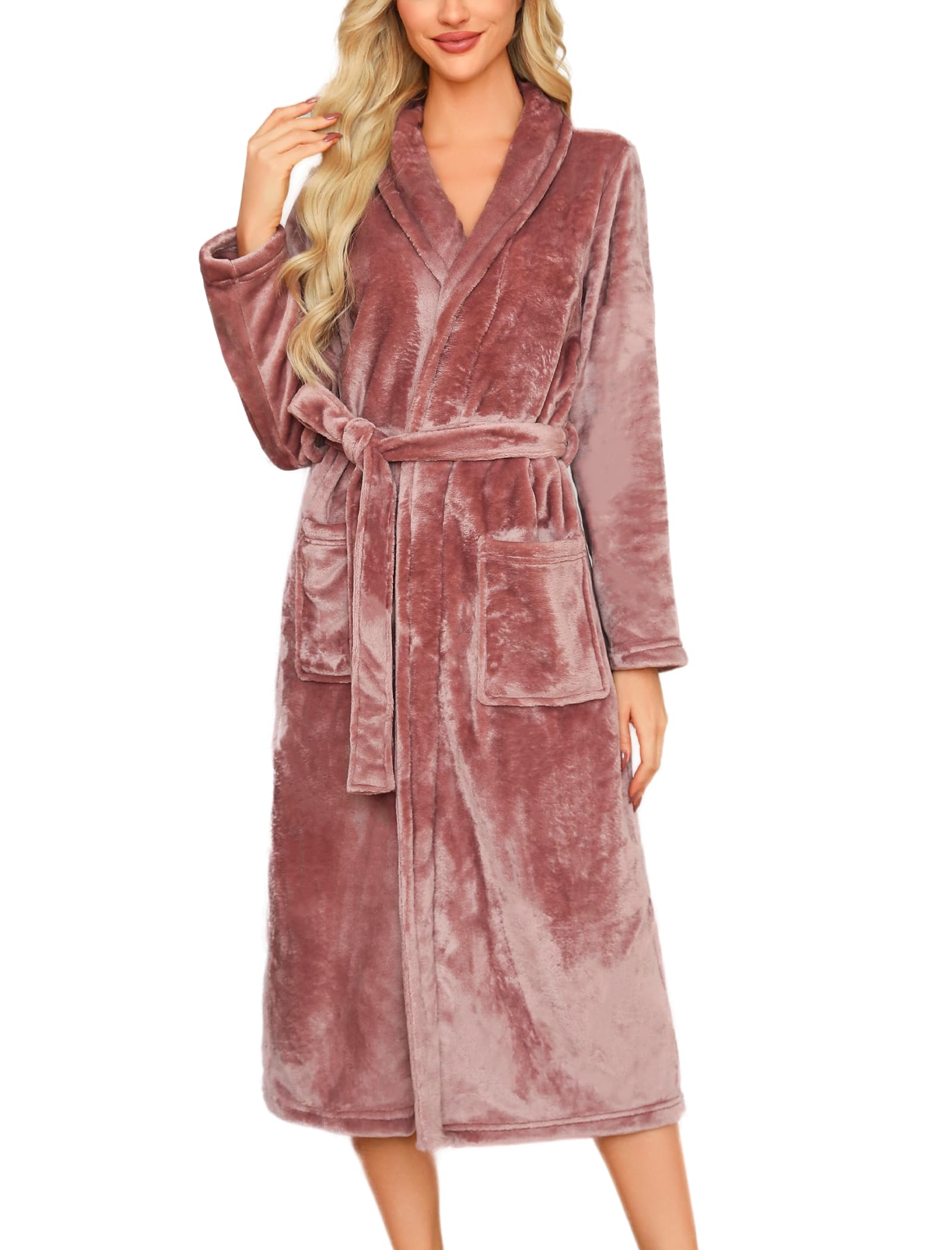 ENJOYNIGHT Womens Plush Fleece Robe Long Fluffy Spa Bathrobe Soft Sleepwear