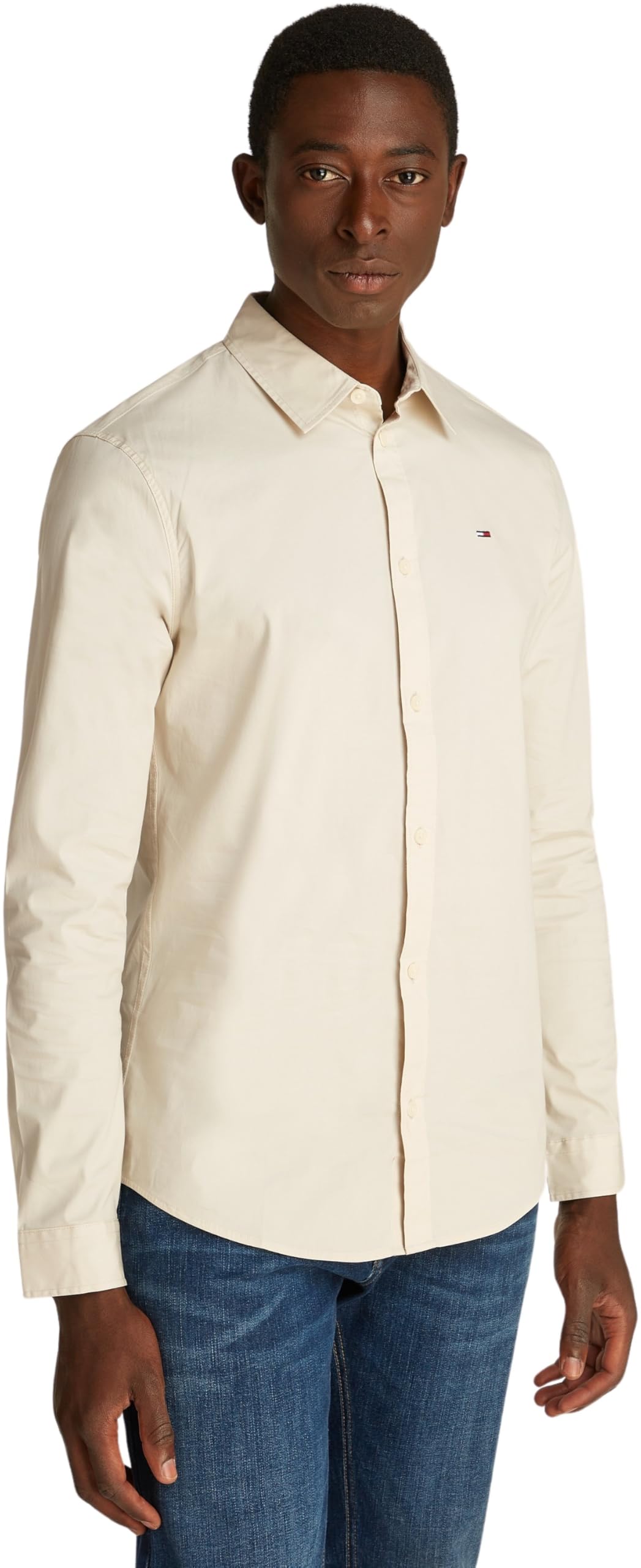 Tommy Jeans Herren Hemd Original Stretch Shirt Slim Fit, Elfenbein (Newsprint), XXL