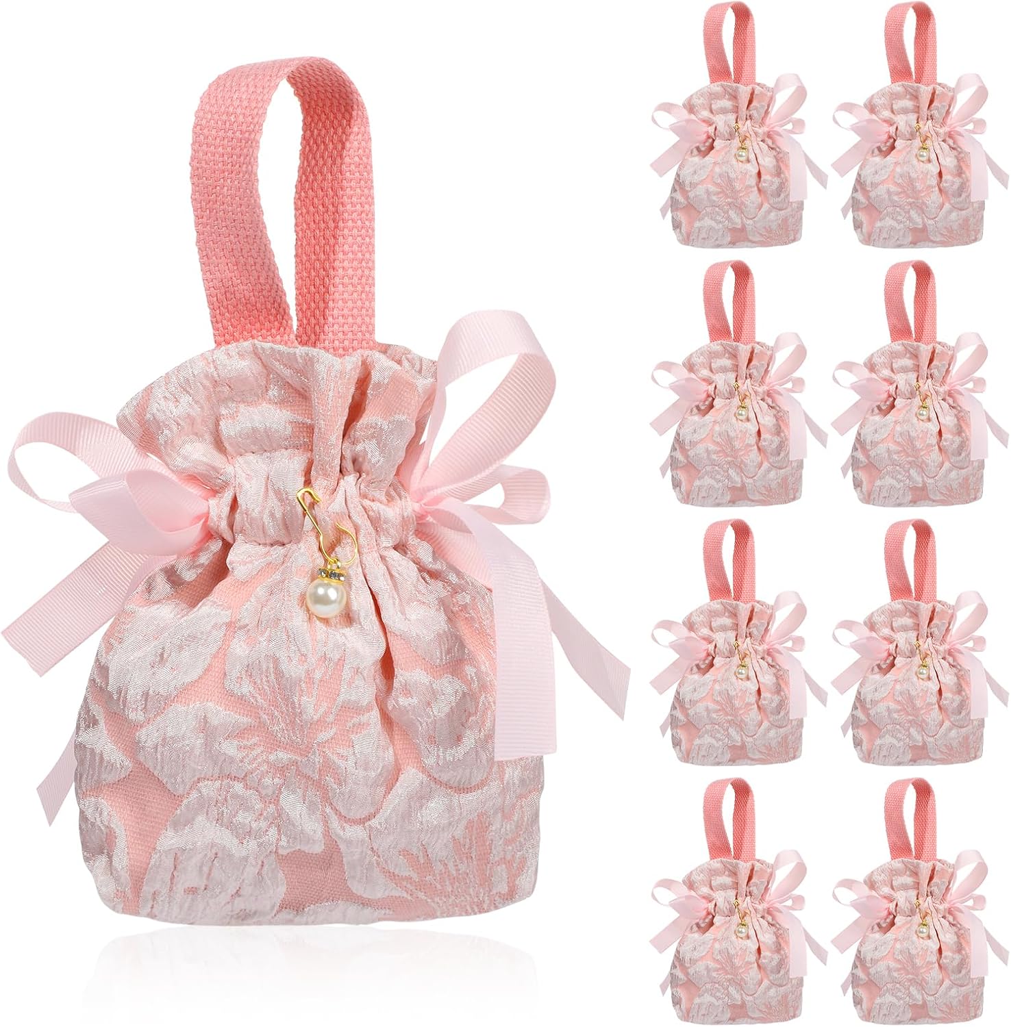 Liobelon 8 Pieces Small Floral Gift Bags, Canvas Pink Gift Bags, Tea Party Favor Bags With Handle, Mini Drawstring Treat Gift Pouches for Baby Shower, Bridal Shower, Birthday, Wedding (light pink)