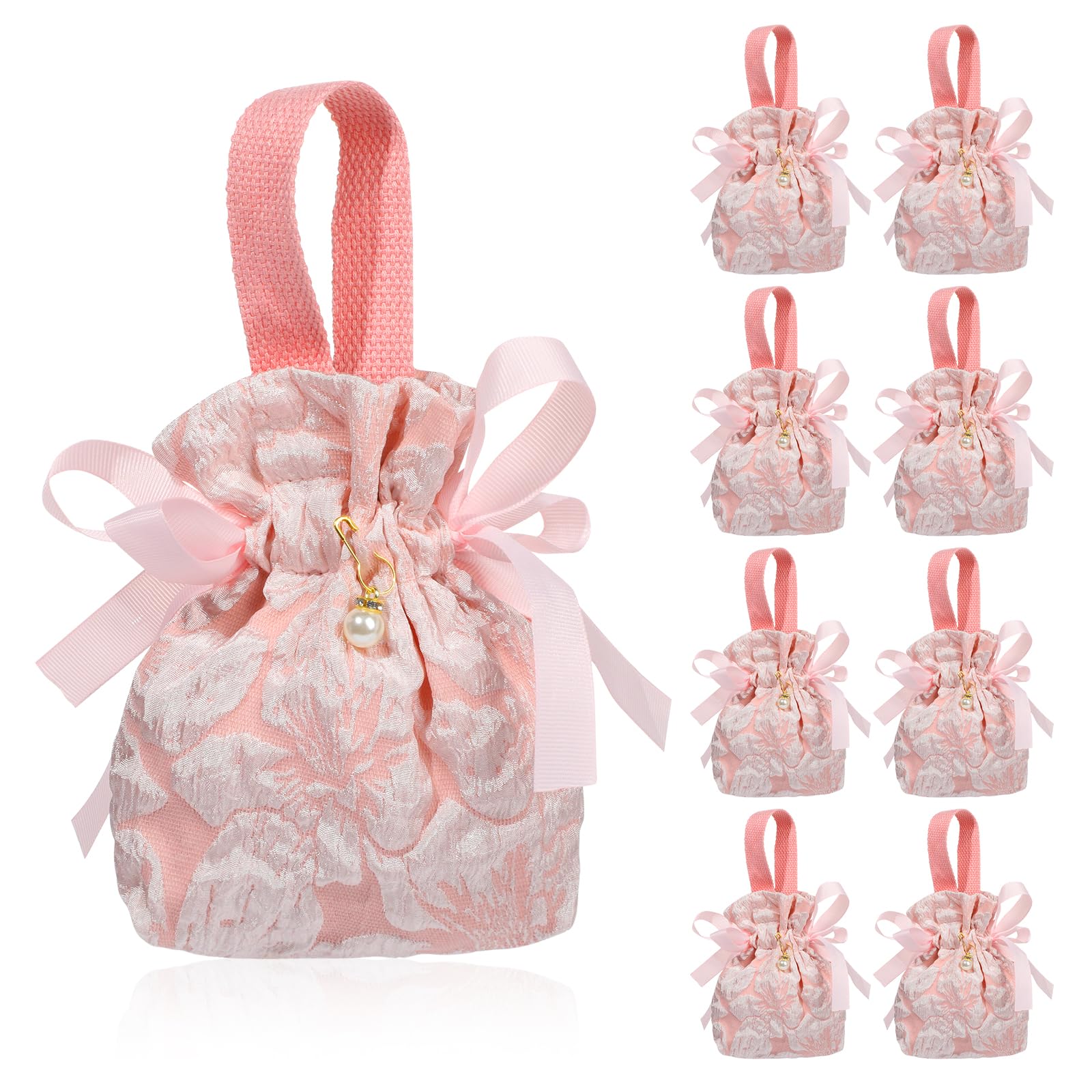 Liobelon 8 Pieces Small Floral Gift Bags, Canvas Pink Gift Bags, Tea Party Favor Bags With Handle, Mini Drawstring Treat Gift Pouches for Baby Shower,