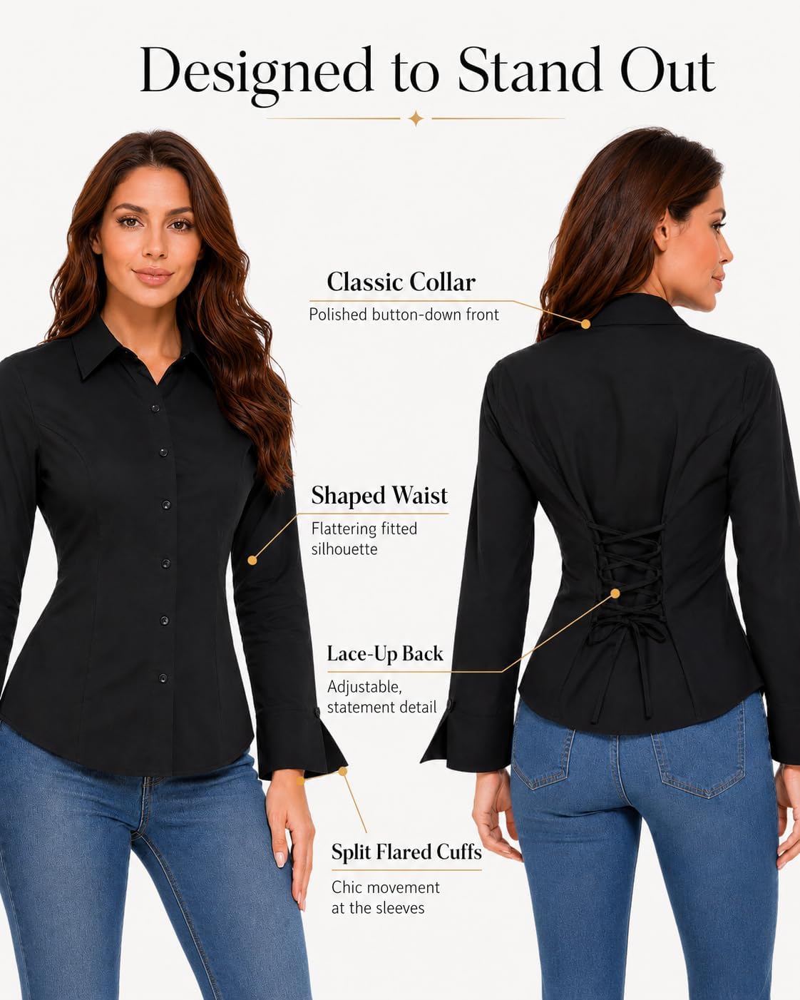 Sunzel Women's Lace-Up Back Blouse, Long Sleeve Fitted Button Down Going Out Top with Collar and Split Flared Cuffs