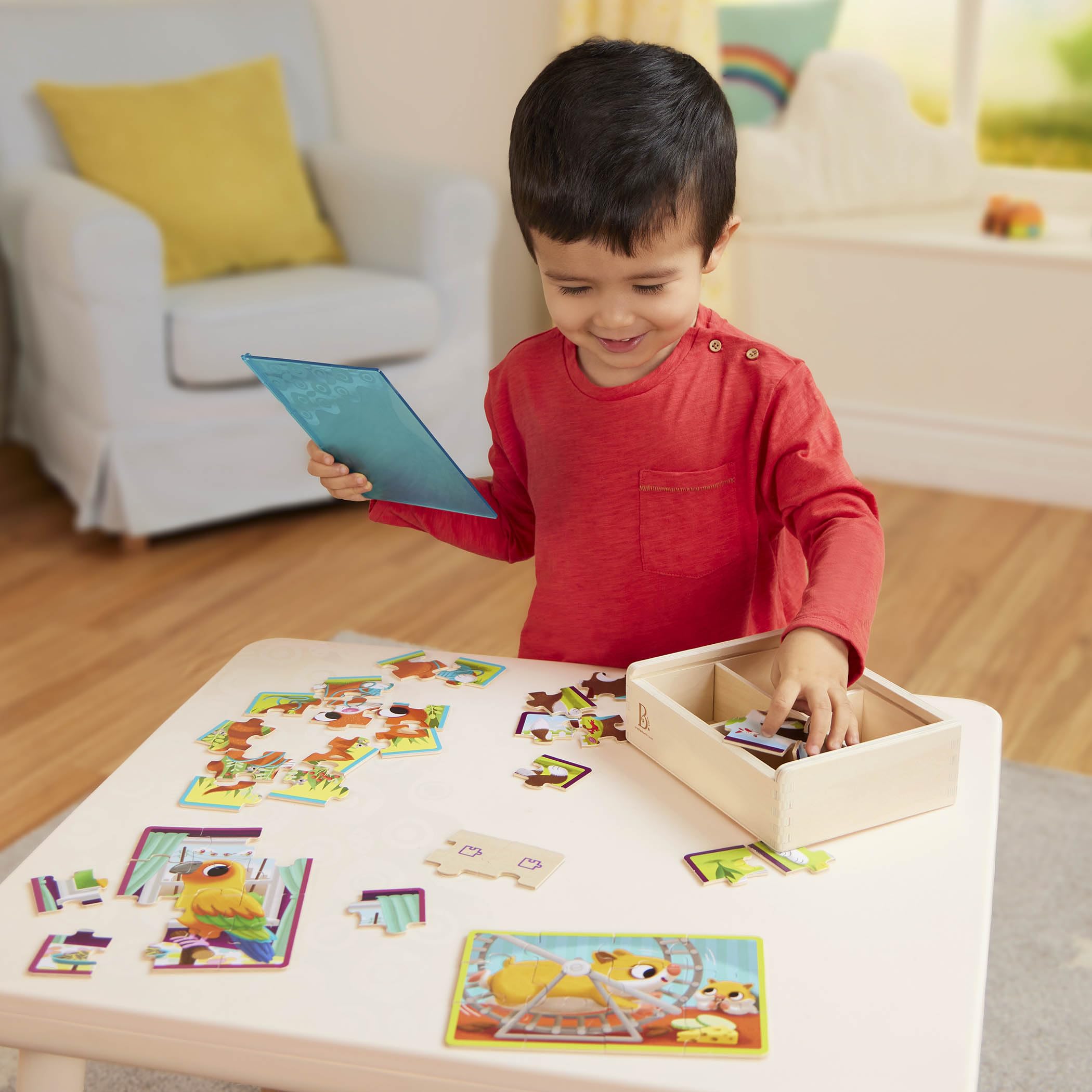 B. toys - Pack o' Puzzles 2er-Pack - Haustiere & Dinos - Holzpuzzle-Box-Set - 2 Puzzle-Boxen, 8 Puzzles - 4 Dinos & 4 Haustiere - 12-Teile-Puzzle für Kinder - 3 Jahre +
