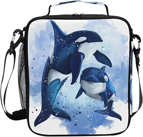 Bolsa de almuerzo aislada con diseño de ballena asesina, océano, acuarela, portátil, con cremallera, bolsa enfriadora con correa ajustable para
