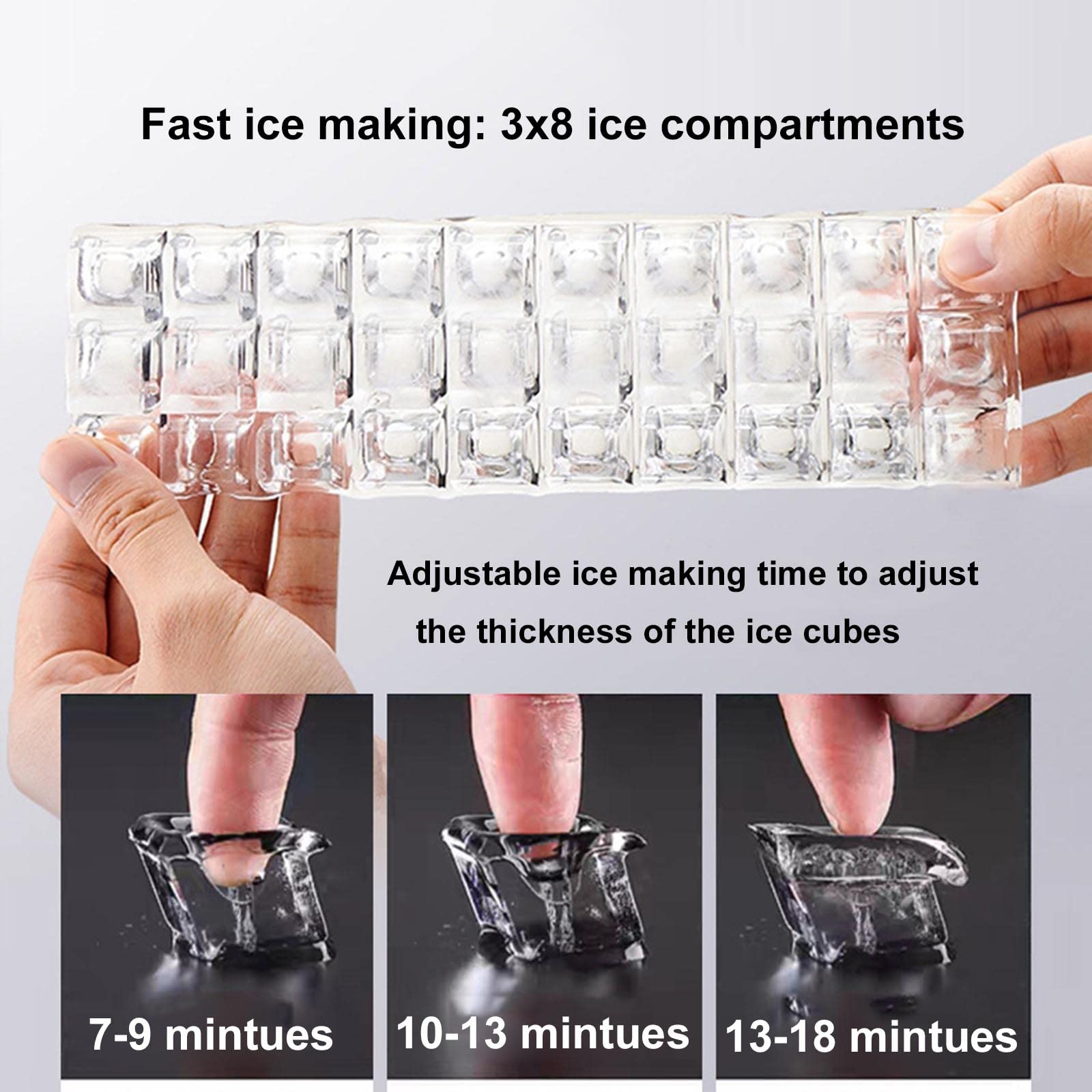 Portátil Máquina para cubitos de hielo, Ice Maker, 24 Huecos/18 minutos, 30kg/24,3 tamaños de cubo,con Pala, Ice Maker para Hogar/Bar