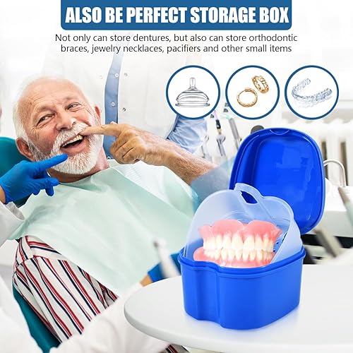 Miniatura 12 de Paquete de 2 cajas de baño para dentaduras postizas, contenedor de almacenamiento con cesta coladora para limpieza de viajes (azul claro y azul)