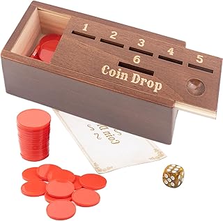 Coin Drop Game for 2-6 Players,Penny Game Contains 50 Coins,Wooden Game Box and 1 Dice,a Fun Board Game to Interact with Family and Friends