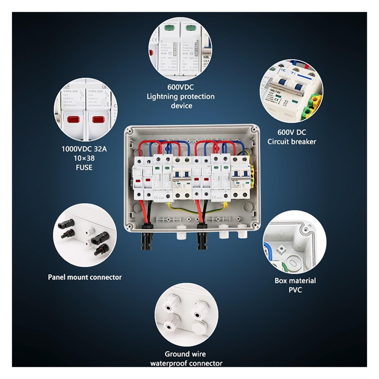 Coffret de Combinaison photovoltaïque avec Protection 2 entrées 2 Sorties DC 600 V MCB SPD 1000 V Boîte à fusibles IP65(DC Fuse 20A)