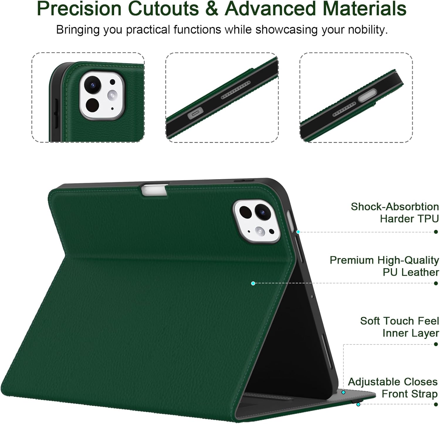 Case for iPad Pro 11 inch (M5/M4) 2025/2024, Multi-Angle PU Leather Cover for i Pad Pro 11" with Pencil Holder/Hand Strap/Pocket, Auto Wake/Sleep, Deep Green - Image 7