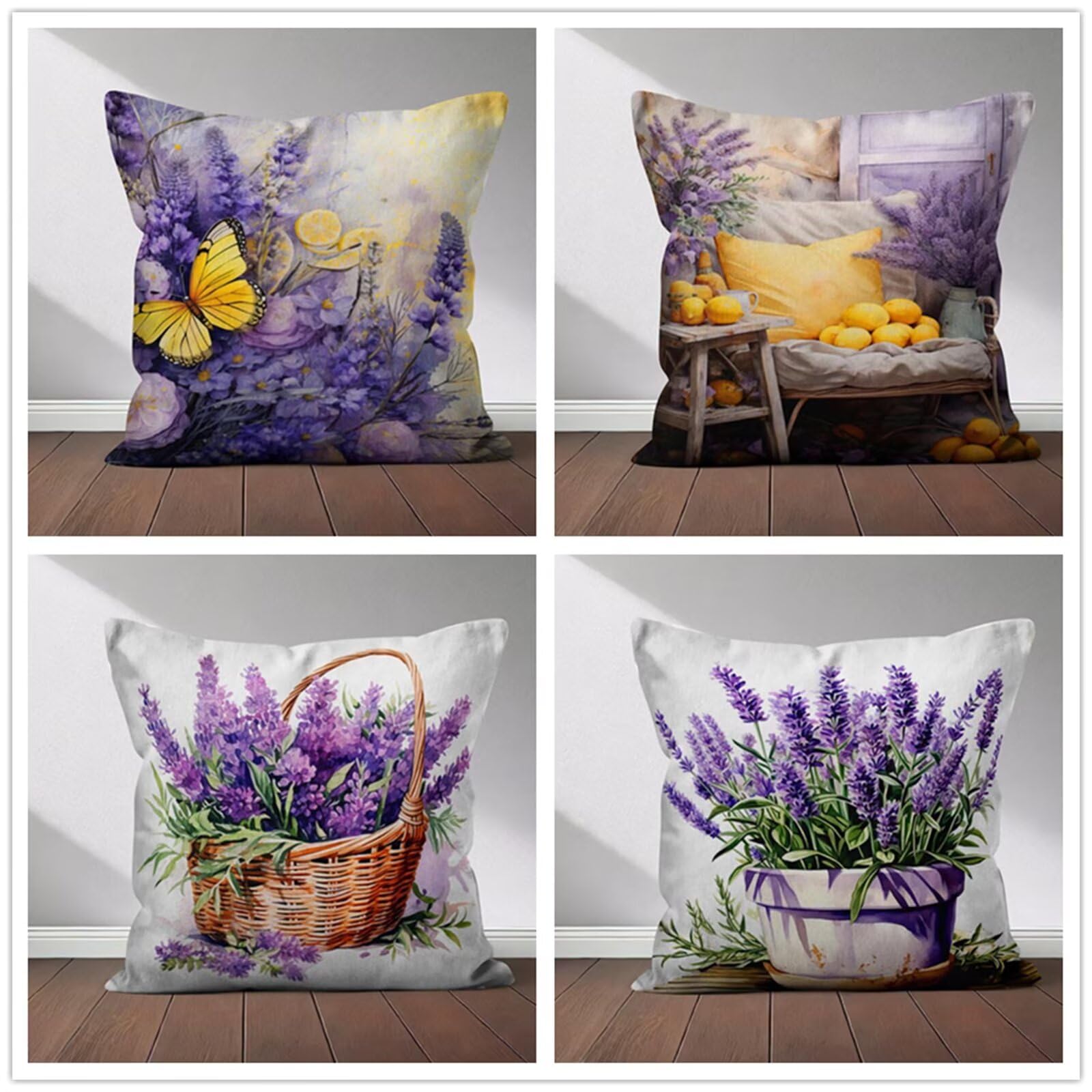 Heaen Outdoor Cushions Covers Waterproof 35x35 cm Set of 4 Square Linen Pillow Cases Lavender Lemon Decorative Dushions for Sofa Porch Patio Home Decor