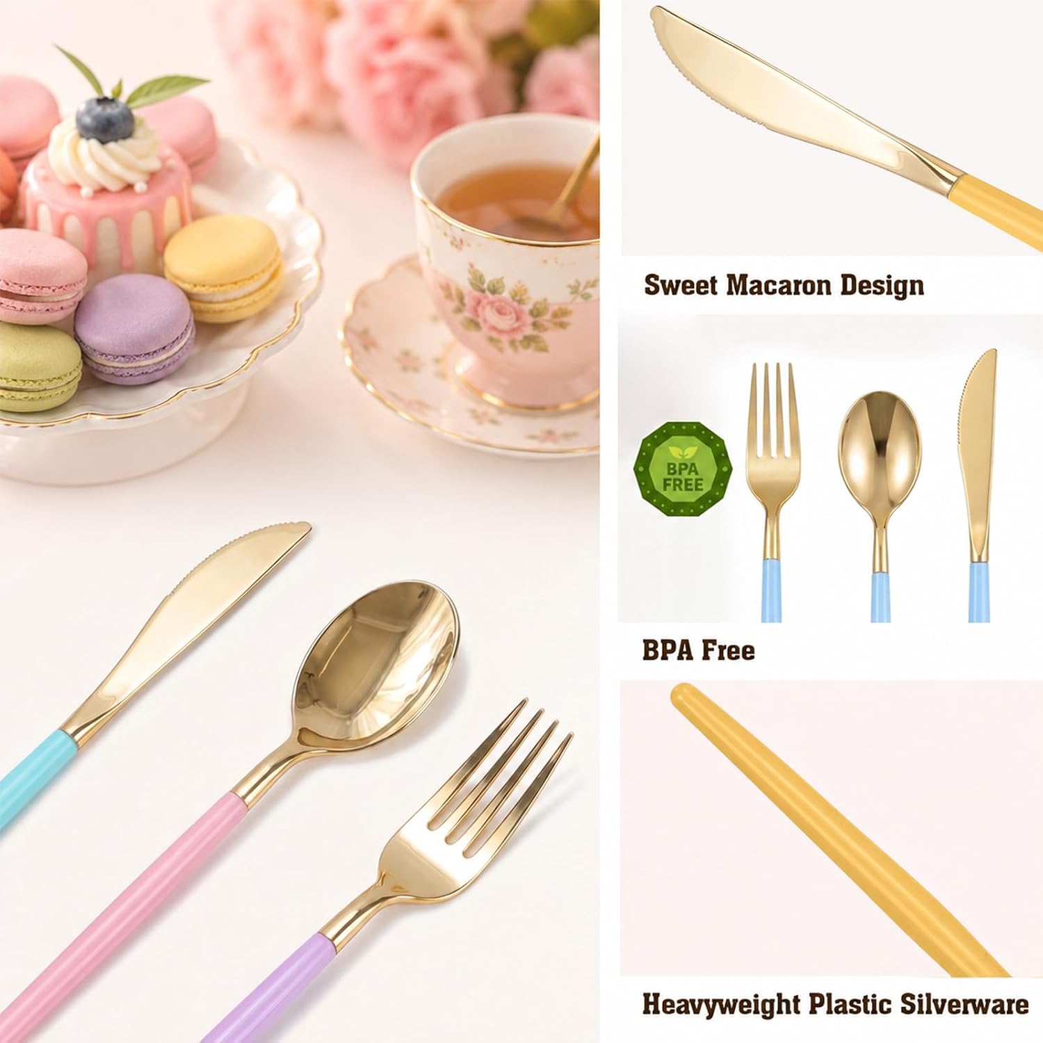 120 Pcs Pastel Plastic Silverware Heavy Duty Iridescent Utensils Plastic Pastel Silverware Disposable Includes 40 Forks 40 Knives 40 Spoons for Birthday, Baby Shower, Garden Party, Wedding
