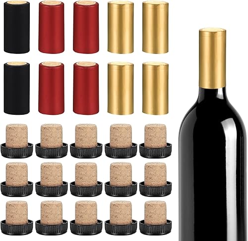 60 selladores de vino para botellas de vino, incluye 30 tapones de corcho para botellas de vino y 30 cápsulas termorretráctiles de PVC, sellos para