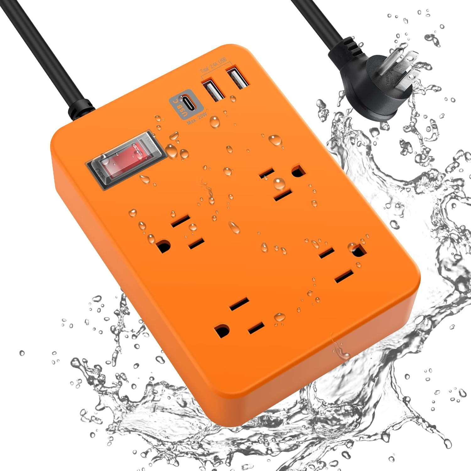 Outdoor Power Strip Weatherproof,Fast Charging Station 20W USB C,Waterproof Surge Protector 4 Outlets, Multi Outlet Extension for Camping, Garden, Kitchen,Bathroom,Flat Plug (Orange, 6 FT Cable)