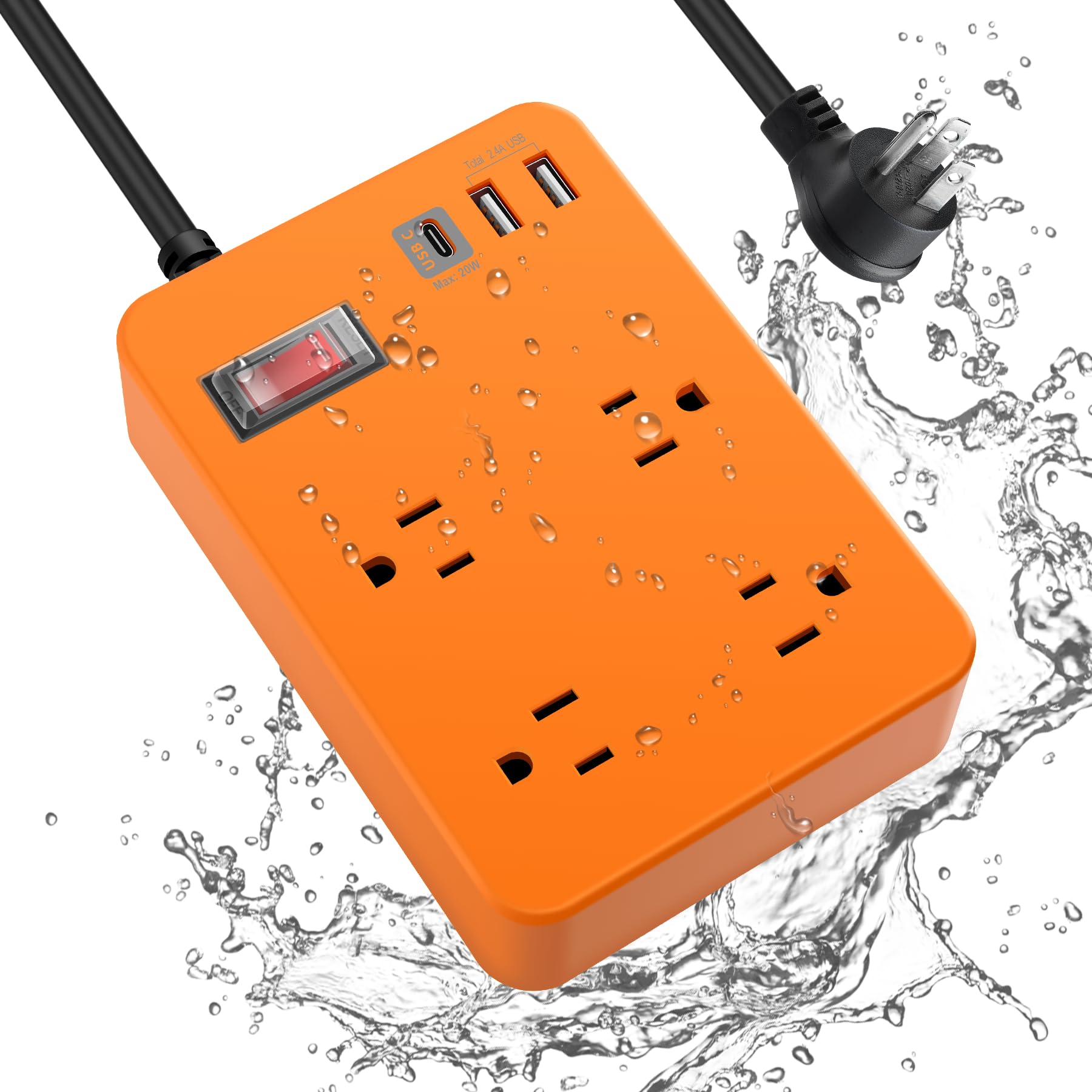 Outdoor Power Strip Weatherproof,Fast Charging Station 20W USB C,Waterproof Surge Protector 4 Outlets, Multi Outlet Extension for Camping, Garden,