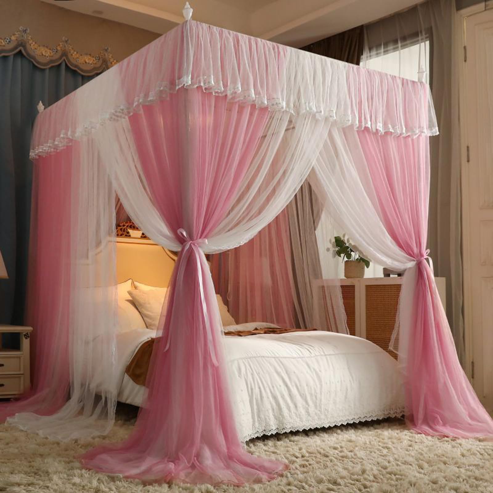 GTHTUHFD Princess Bed Canopy - Four Corner Post Lace Embroidery Mosquito Netting For Girls' Room - Elegant Dreamy Bedroom Decor,Pink-2-1.2 * 2.0m