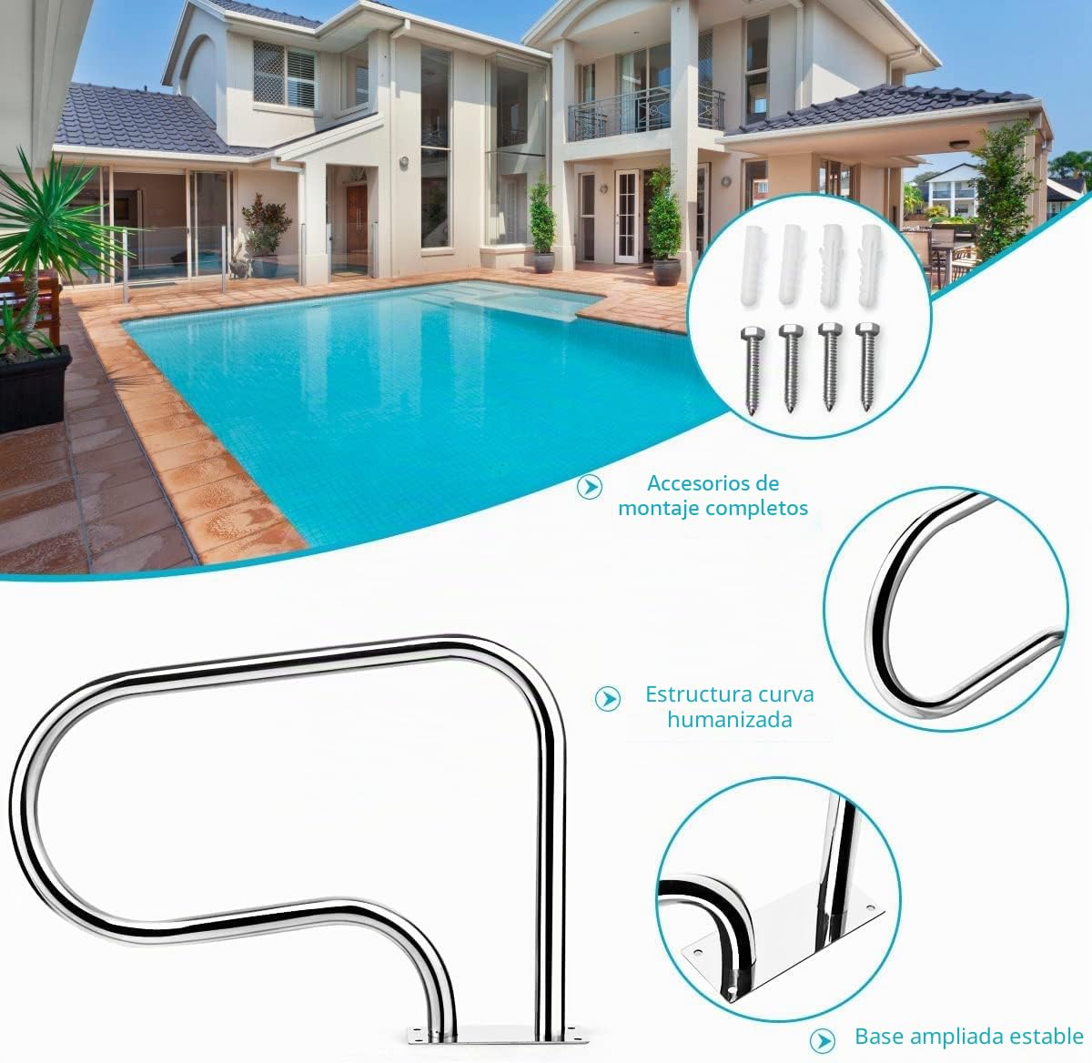 RELAX4LIFE 1 x Soporte para Piscina de Acero Inoxidable de Diseño Curvo, Pasamanos para Piscina con Fijación Rápida, Placa de suelo y Accesorios Completos, 81x10x57cm (Plateado, 1 Pieza)