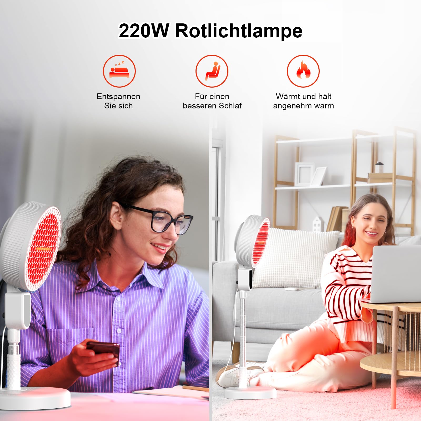 Rotlichtlampe, 220W Infrarotlampe Teleskopisch Verstellbar, mit 3 Leistungsstufen, 10–90 Minuten Timer, Automatischer Abschaltfunktion, Verstellbarem Winkel für Den Heimgebrauch