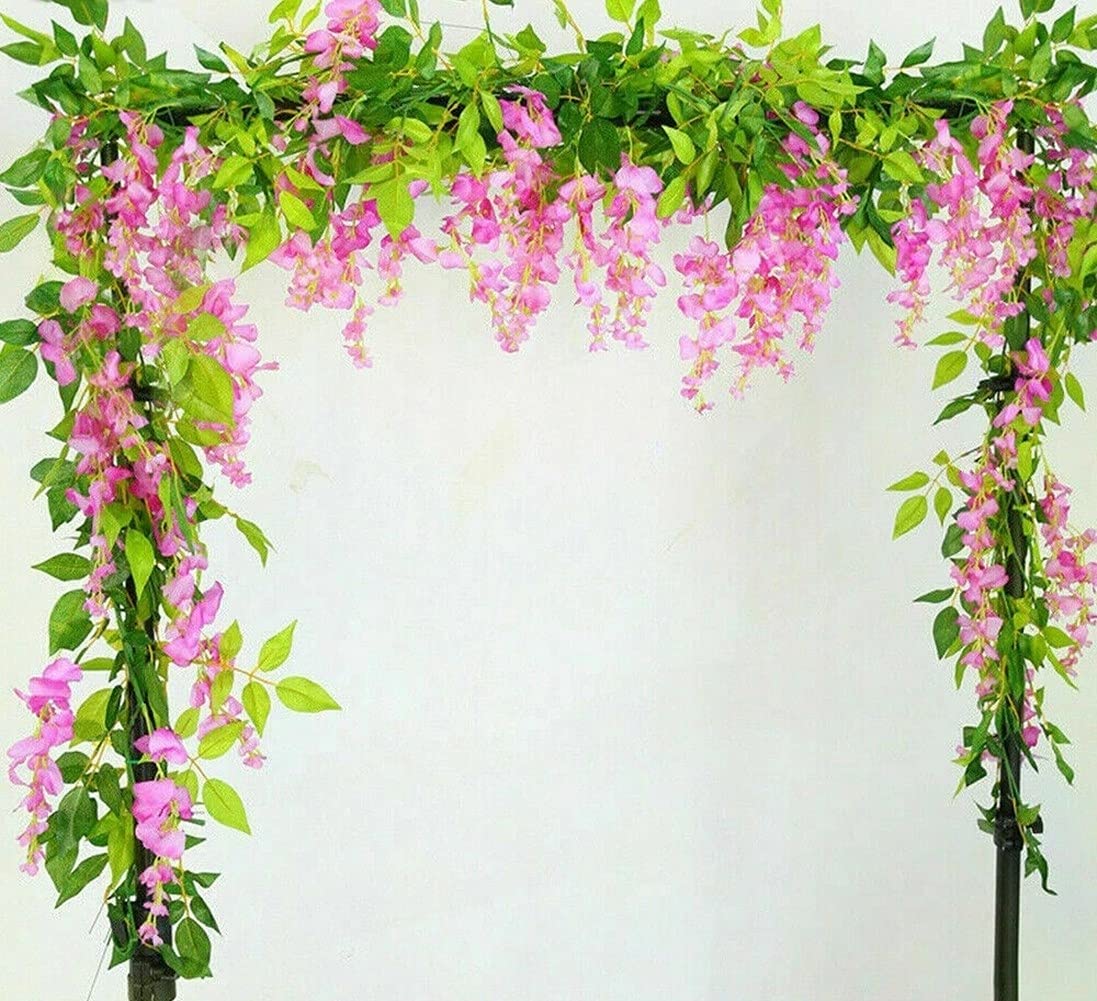 HAOSHICS 2Pcs Artificial Flowers Silk Wisteria Garlands Fake Wisteria Vine Wall Hanging Vine for Home Garden Outdoor Ceremony Wedding Wall Arch Floral Decor (Pink)