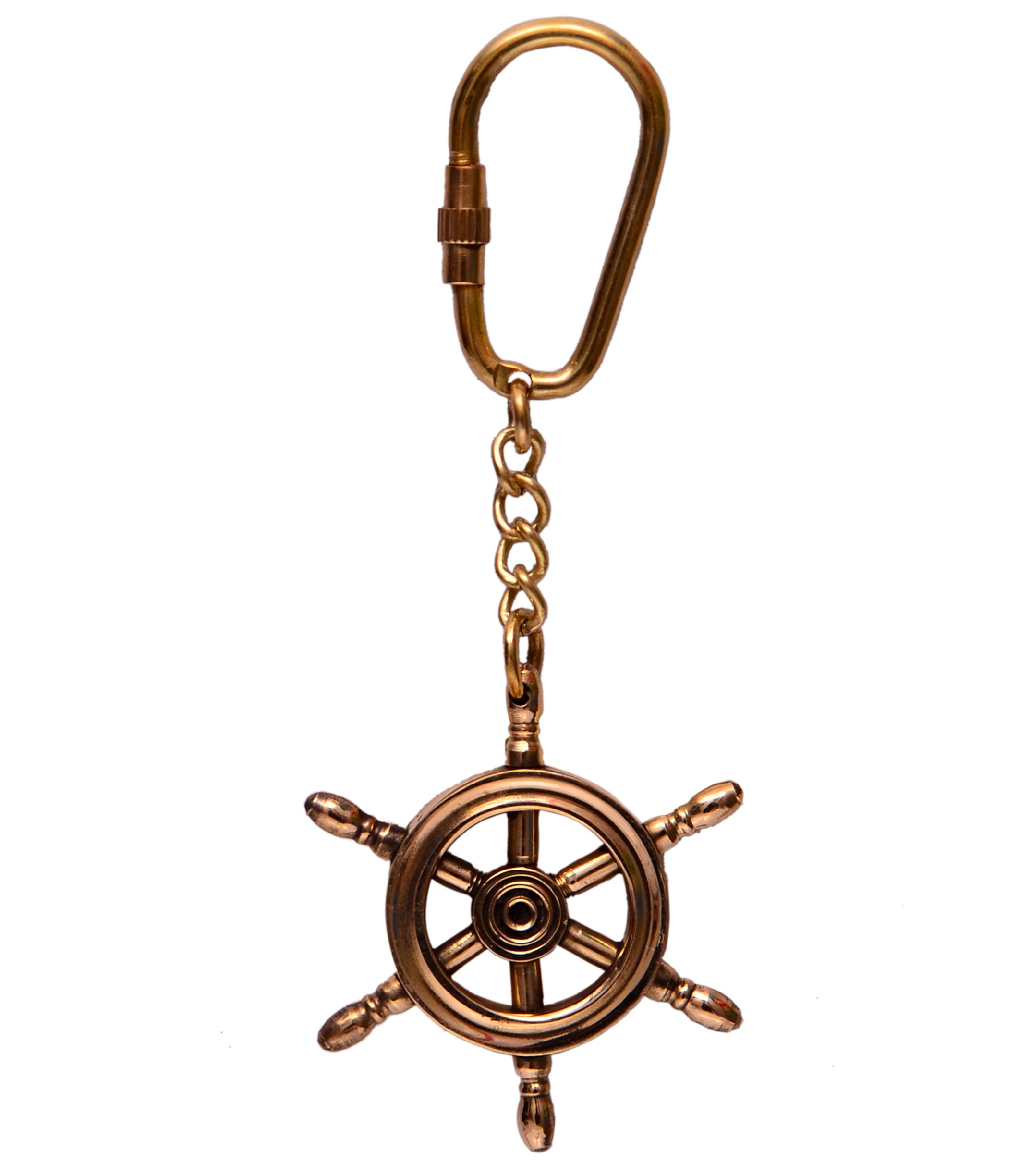 Purpledip Key Chain/Ring/Hook Shaped As Ship's Steering Wheel: Sculpted In Solid Brass Metal; Unique Gift Idea (10580)