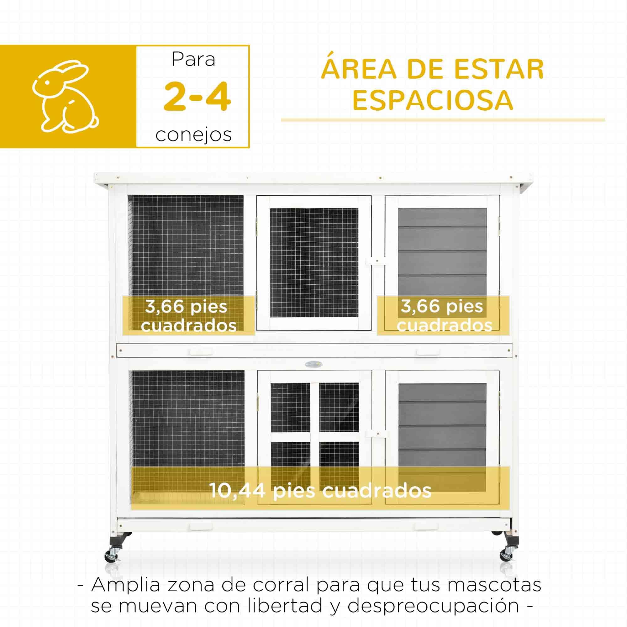 PawHut Conejera de Madera de 2 Niveles Jaula para Conejos con Ruedas 2 Puertas Techo y 2 Bandejas Extraíbles Conejera para Interior y Exterior 119x50,5x109 cm Blanco y Gris