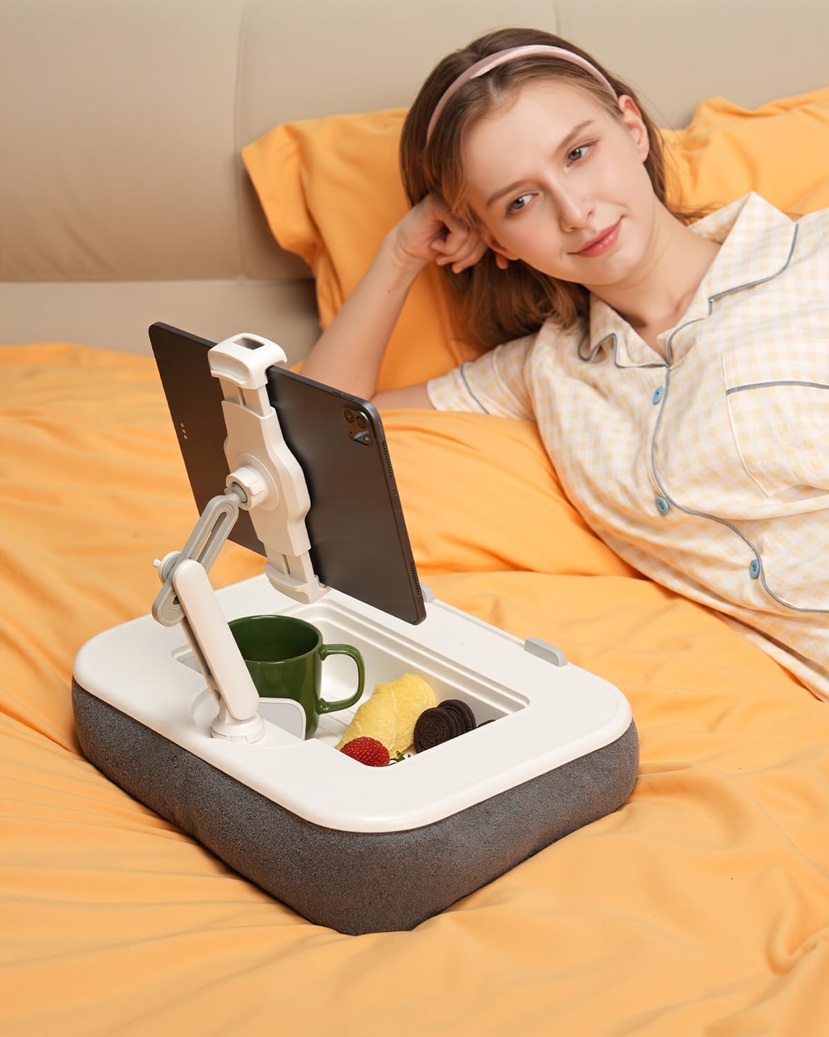 Viozon Soporte de almohada para tablet, soporte Kindle y escritorio de regazo, compatible con tabletas/teléfonos de 4.7 a 13 pulgadas y portátiles de 10 a 15 pulgadas, con soporte de silicona para