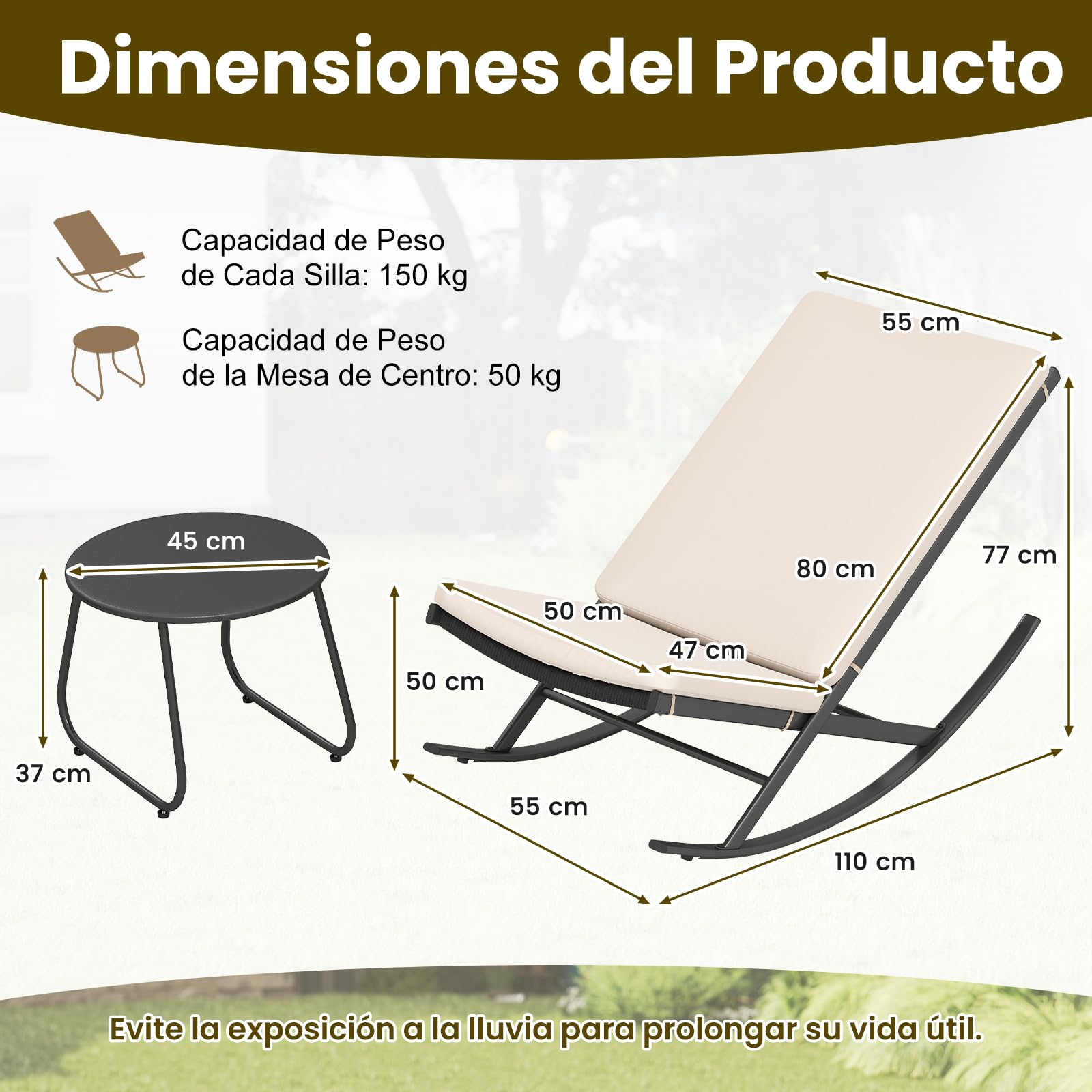GIANTEX Juego de Muebles de Jardín 3 Piezas, 2 Sillones Mecedoras de Ratán PE, Mesita de Café Redonda, Asiento con Cojín, Conjunto de Conversación para Patio, Balcón, Terraza