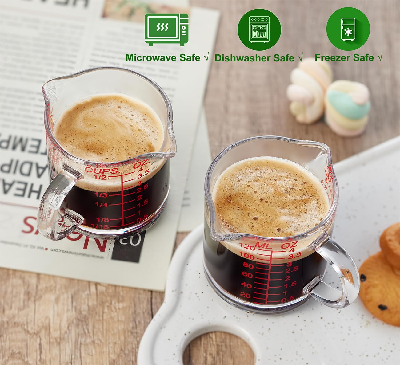 Vaso medidor de vaso de chupito de 120 ml, taza de vidrio expreso alto con asa, doble boquilla (paquete de 2)
