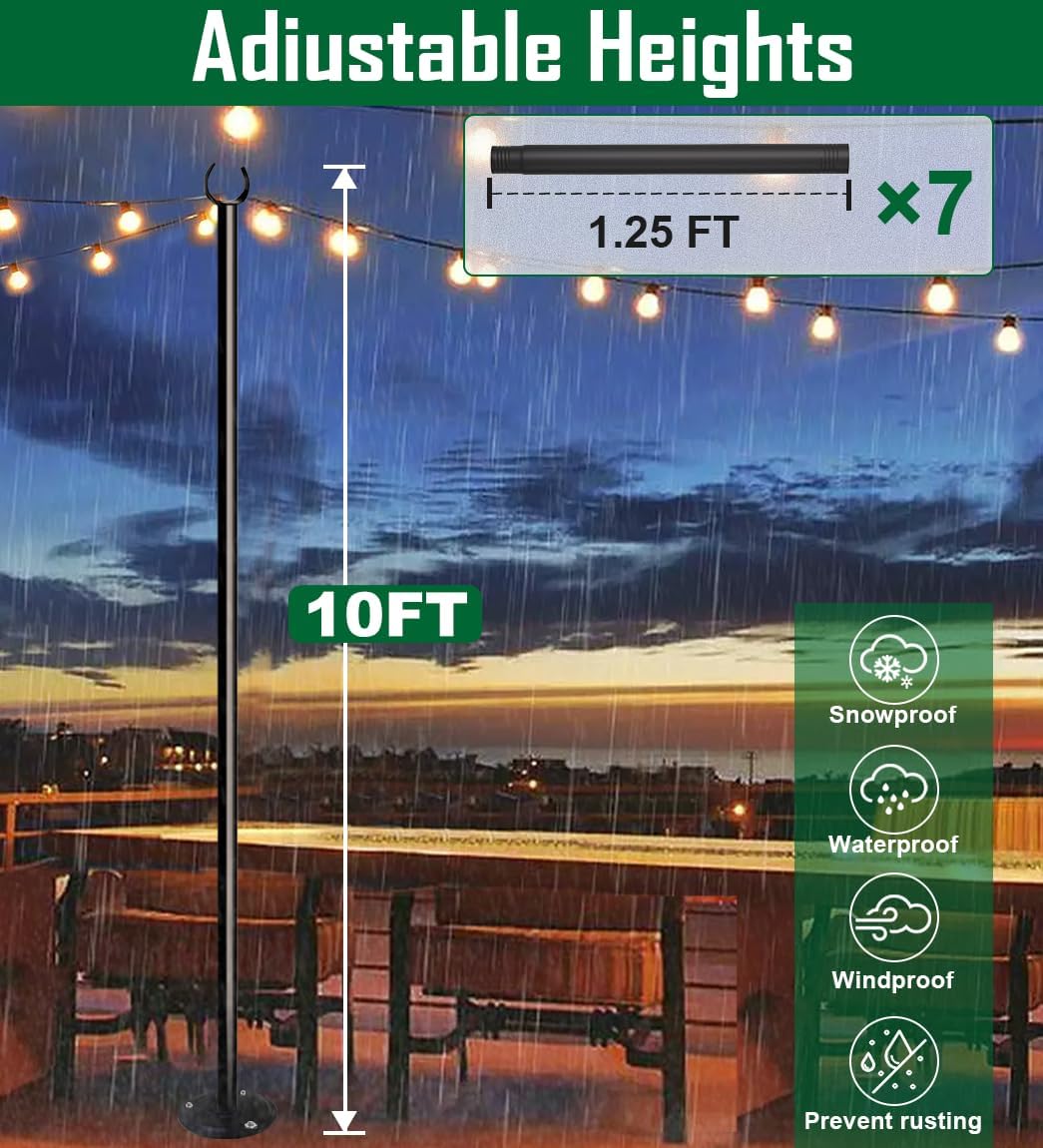 10ft String Light Pole for Hard Surfaces, Light Pole for Outdoor String Light, Perfect for Garden, Backyard, and Patio Lighting Stand for Parties, Wedding - Matte Black Finish - 1 Pack