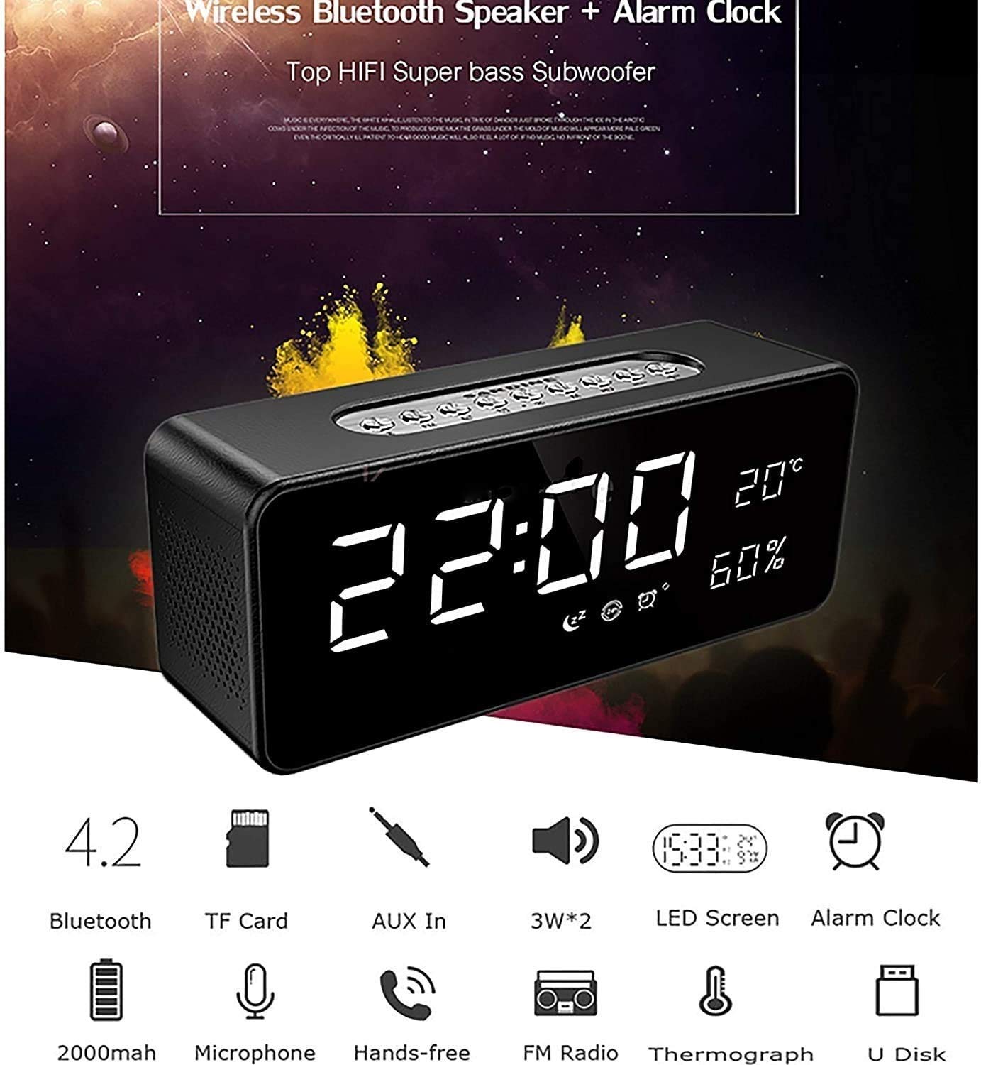 Sveglia digitale, orologio elettronico a LED, con porta caricatore USB, display temperatura e umidità, 4 livelli di luminosità, for camere da letto casa, ufficio - Nero