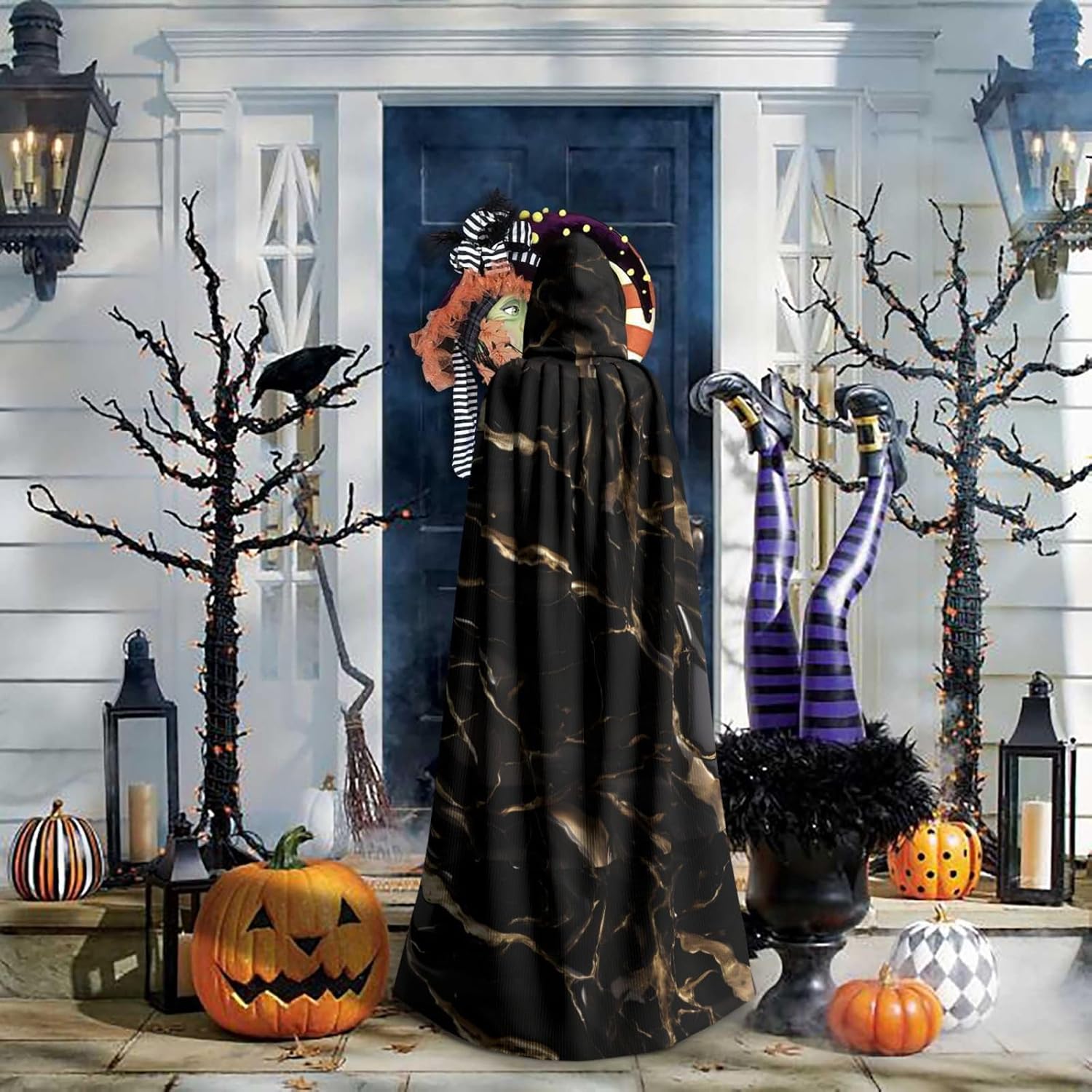 Black Gold Marble Men Women Halloween Role Play Party Decoration Hooded Poncho