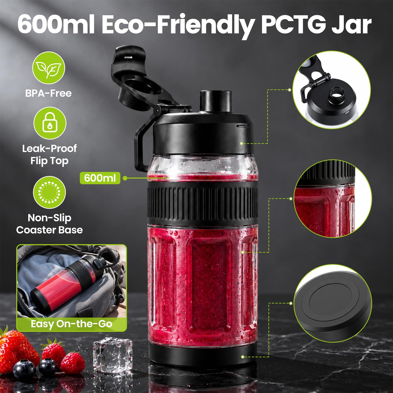 Blender Portable pour Smoothies Shakes Mini Mixeur 600ml | Individuel To Go avec Écran LED, Blender Sans Fil Puissant 220W, Rechargeable Type-C 12V pour Voyage Sport Bureau Noir