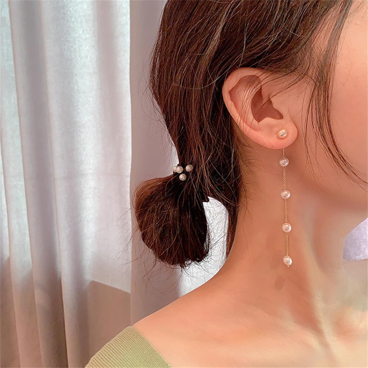 Long Pearl Earrings for Women 14K Gold Plated Boho Pearl Chain Dangle Stud Earrings Hypoallergenic Elegant Wedding Pearl Tassel Earrings for Bridal - Image 3