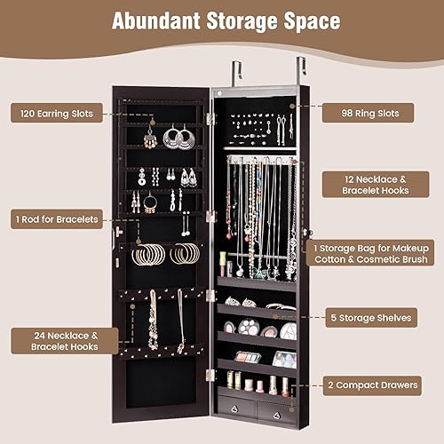 Miniatura 3 de HAPPYGRILL Armario de joyería montado en la puerta de pared, organizador de almacenamiento de joyas con cerradura con espejo de longitud completa, 2