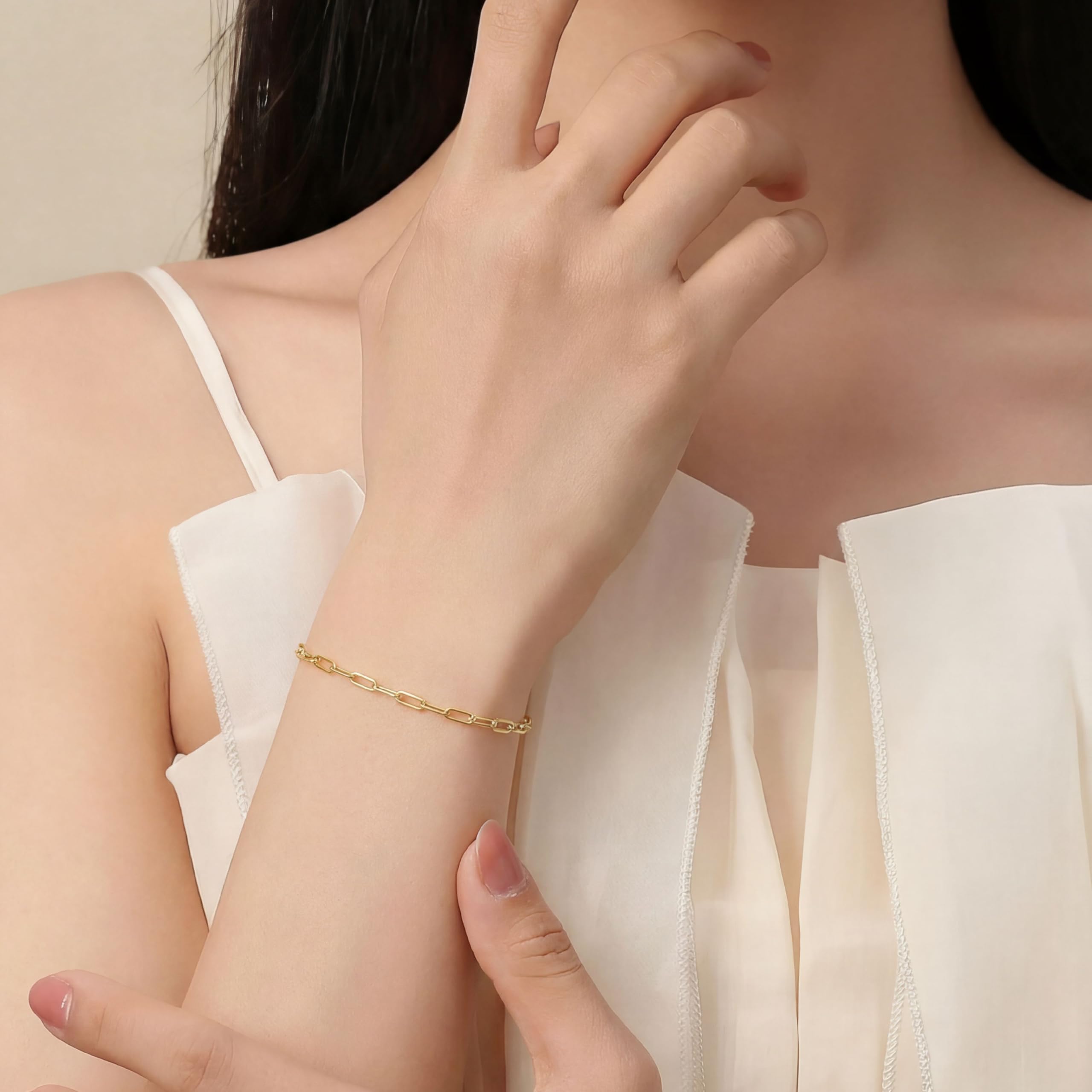14K Gold Bracelets for Women Paperclip Gold Bracelet for Women | 14K Gold Bracelet Dainty Gold bracelet Paperclip Chain Bracelet for Women Cute Stackable Bracelets Jewelry 6.5in-9in product thumbnail 5