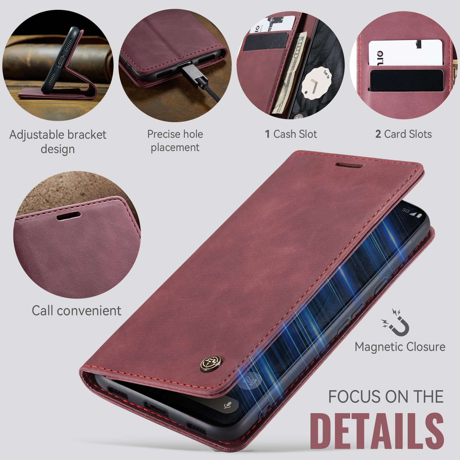 Samokor Cover per Samsung Galaxy S23 5G Pelle Flip Custodia Cavalletto Portafoglio Magnetica Carta Fessura Antiurto per Samsung Galaxy S23,Vino Rosso